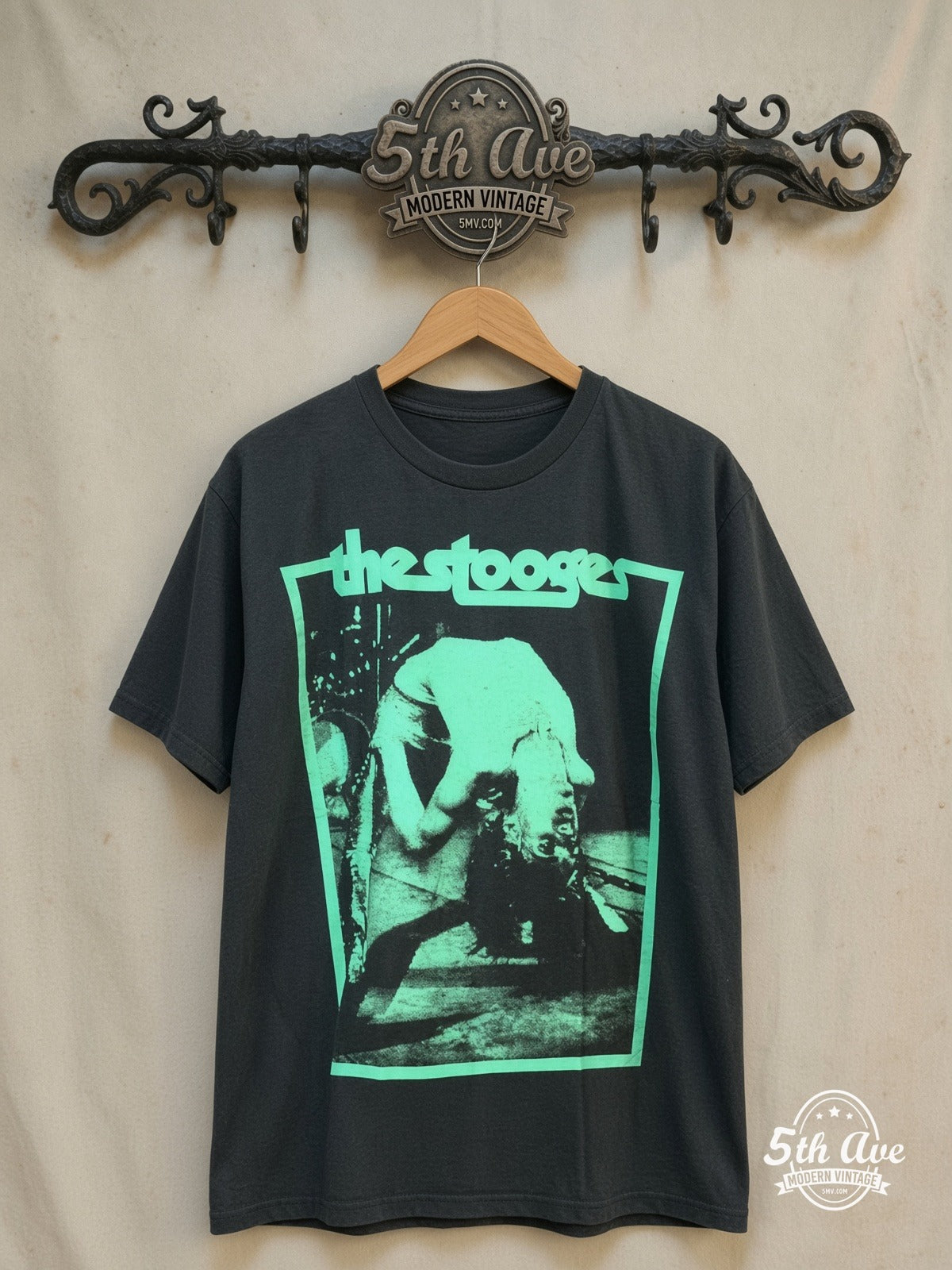 Iggy and The Stooges – Turquoise Bend – Vintage Band T-Shirt — front on locked cream ornate 5th Ave rack