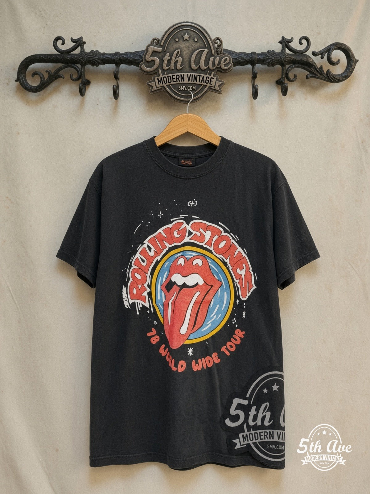The Rolling Stones – World Wide Tour 1978' It's Only Rock 'n Roll – Vintage Band T-Shirt — front on locked cream ornate 5th Ave rack