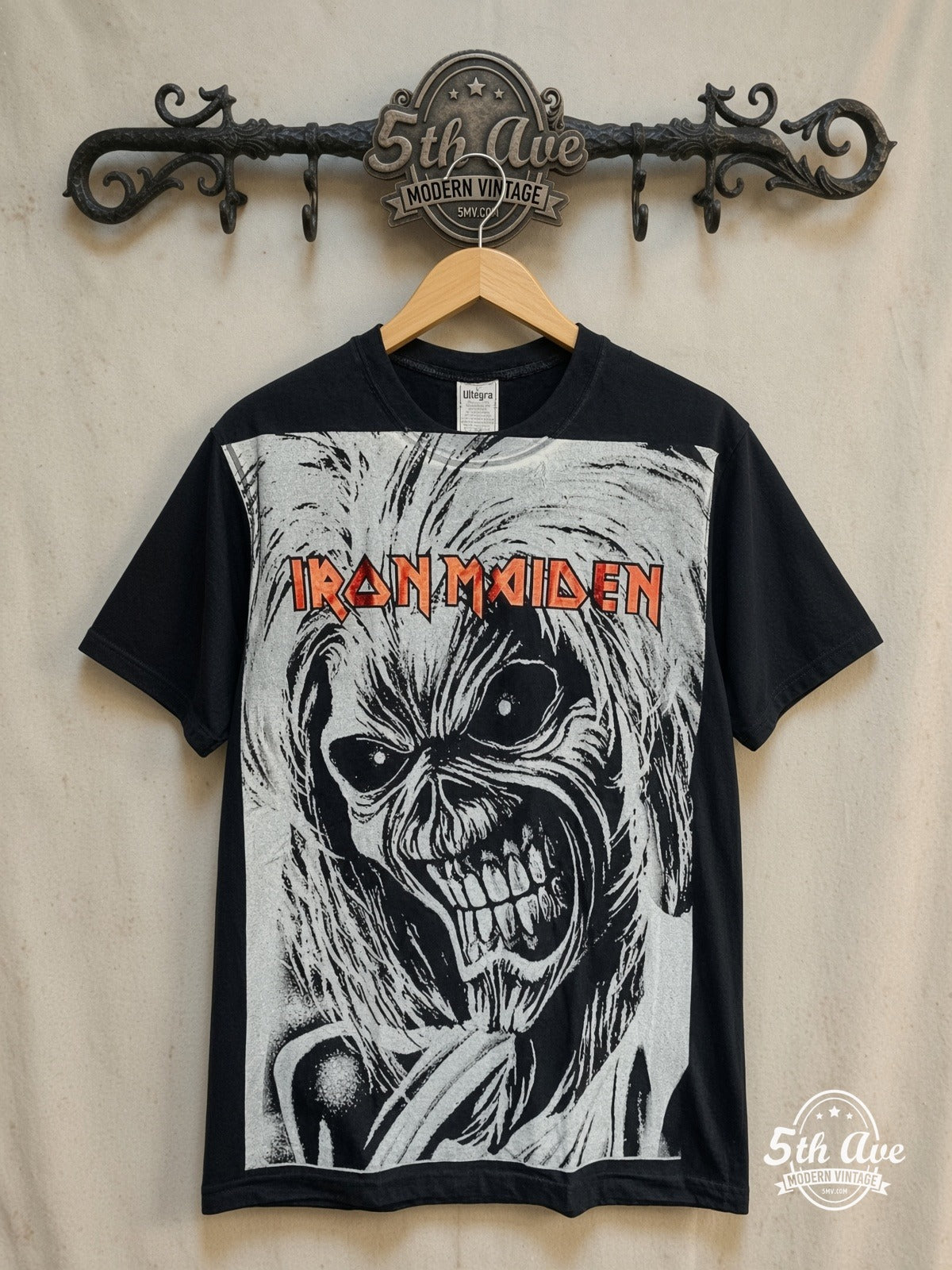 Iron Maiden – Killers Monochrome Eddie Block – Vintage Band T-Shirt — front on locked cream ornate 5th Ave rack