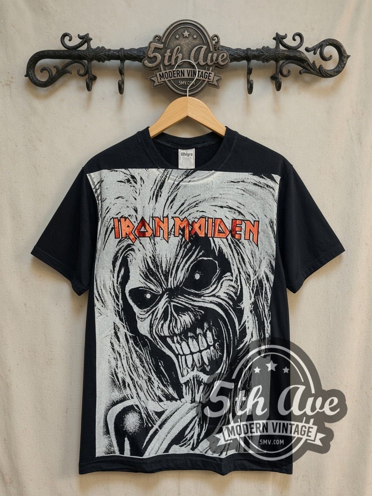 Iron Maiden Killers Monochrome Eddie Block vintage band t-shirt, front view on the 5MV rack