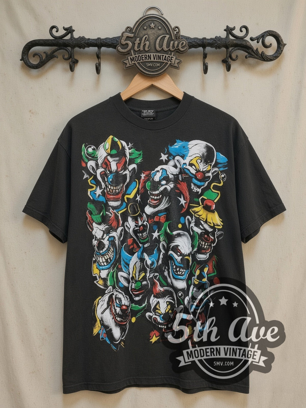 Laughing Clown Retro Clown vintage graphic tee, front view on a display rack