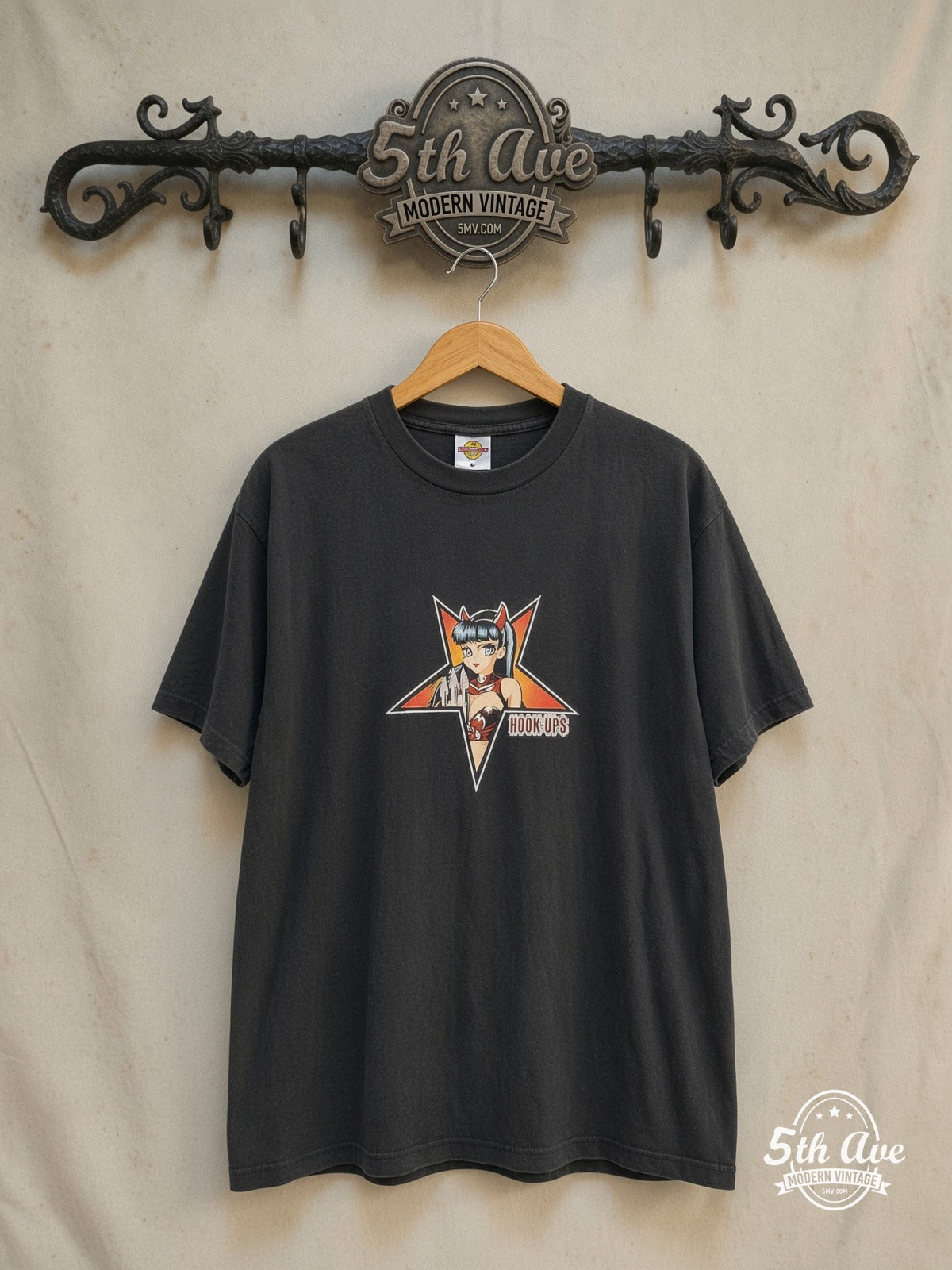 Hook-Ups – Devil Girl – Vintage Graphic Tee — front on locked cream ornate 5th Ave rack