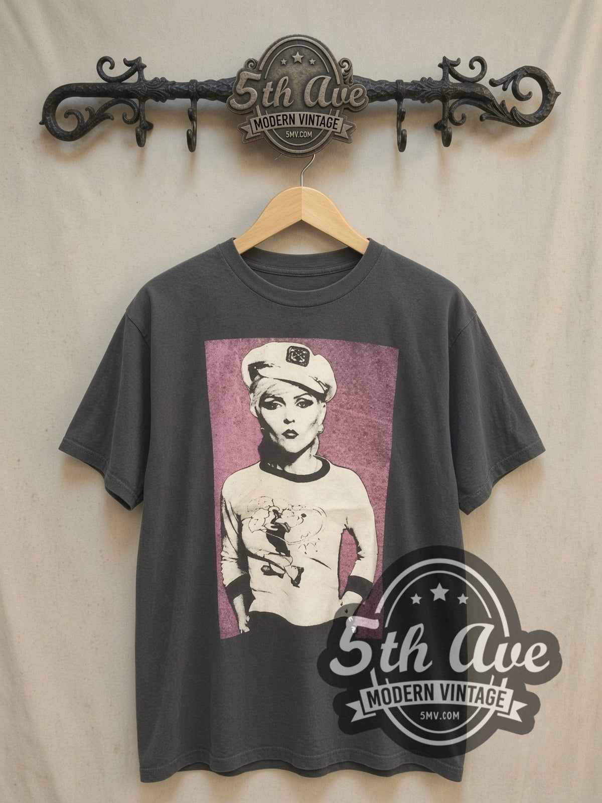 Blondie Icon Distressed vintage band t-shirt, front view on a display rack