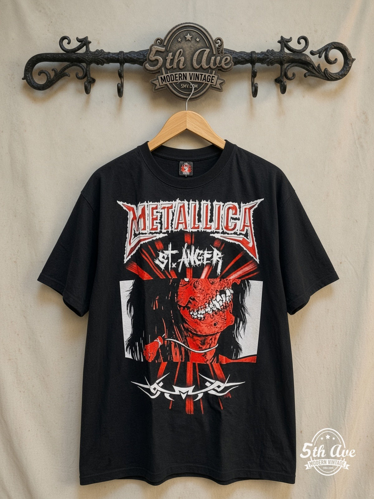 Metallica – St. Anger – Vintage Band T-Shirt — front on locked cream ornate 5th Ave rack