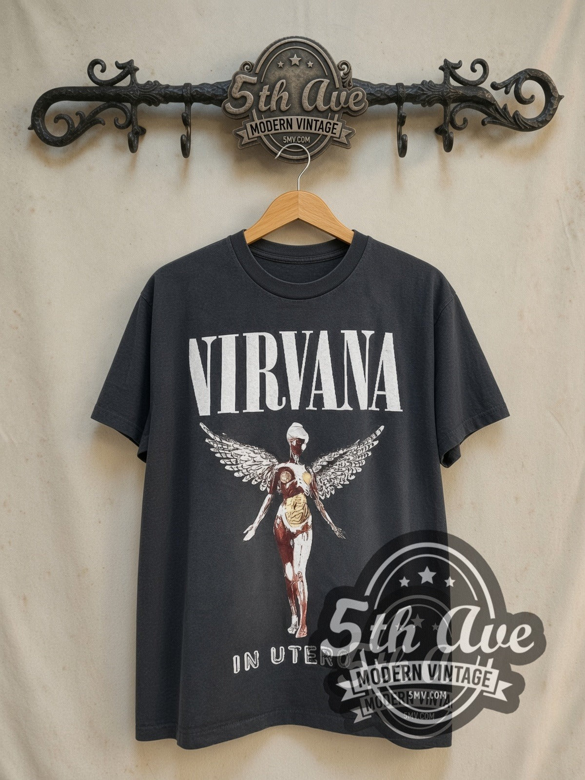Nirvana In Utero White Wing vintage band t-shirt in black, front view on the 5MV rack