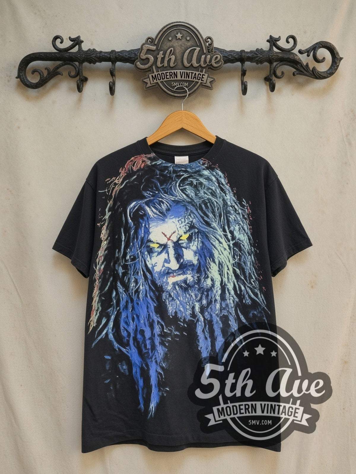 Rob Zombie 100% Hardcore Zombie all-over-print vintage band t-shirt in black, front view on the 5MV rack