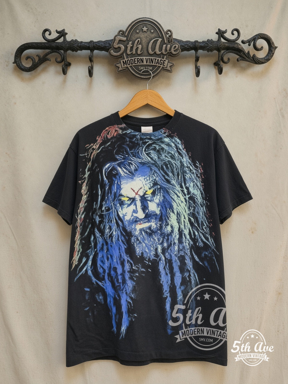Rob Zombie – 100% Hardcore Zombie – All Over Print – Vintage Band T-Shirt — front on locked cream ornate 5th Ave rack