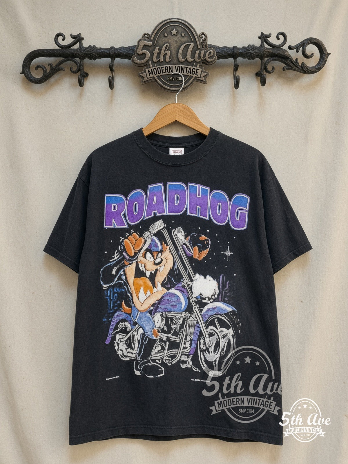 Looney Tunes / Harley-Davidson – Roadhog – New Vintage Graphic Tee — front on locked cream ornate 5th Ave rack