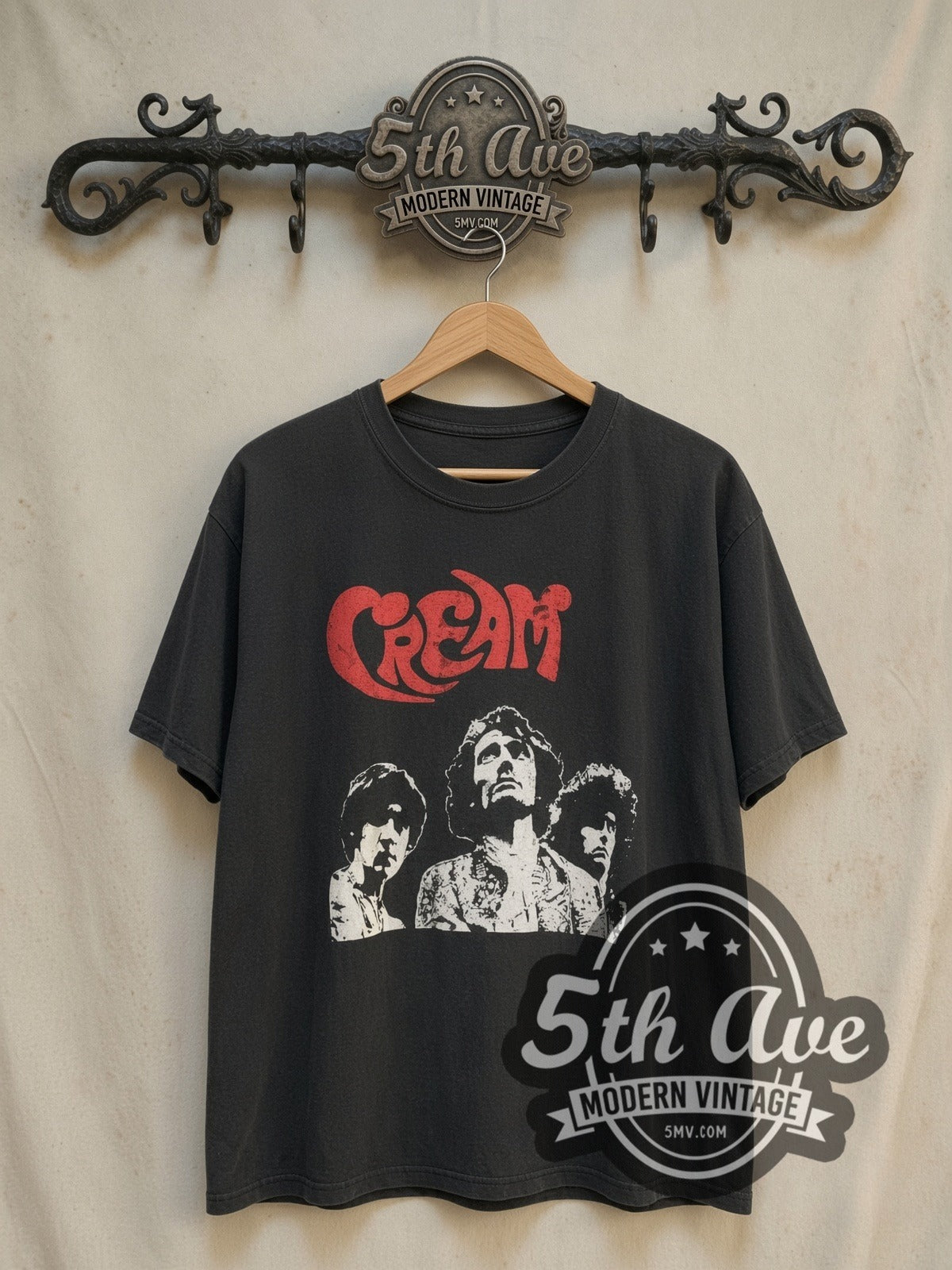 Cream Captain Boot vintage band t-shirt, front view on the 5MV rack