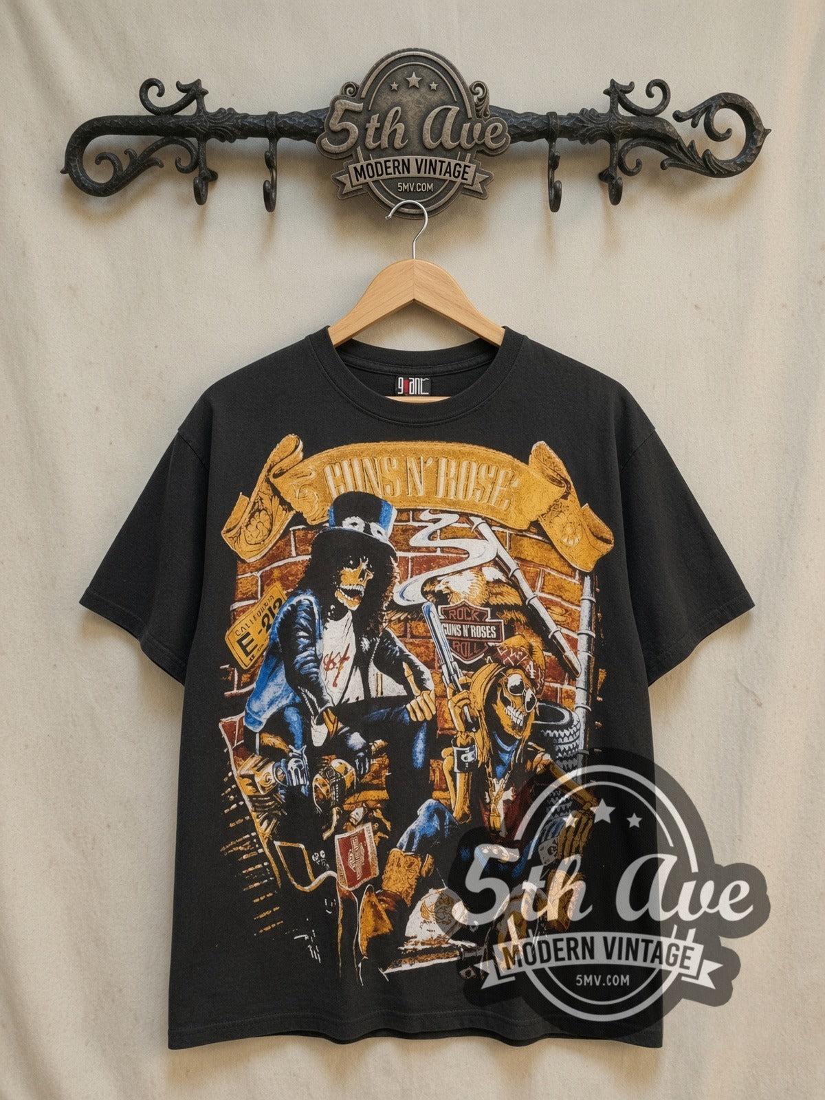 Guns N' Roses Retro Band Illustration vintage band t-shirt, front view on the 5MV rack