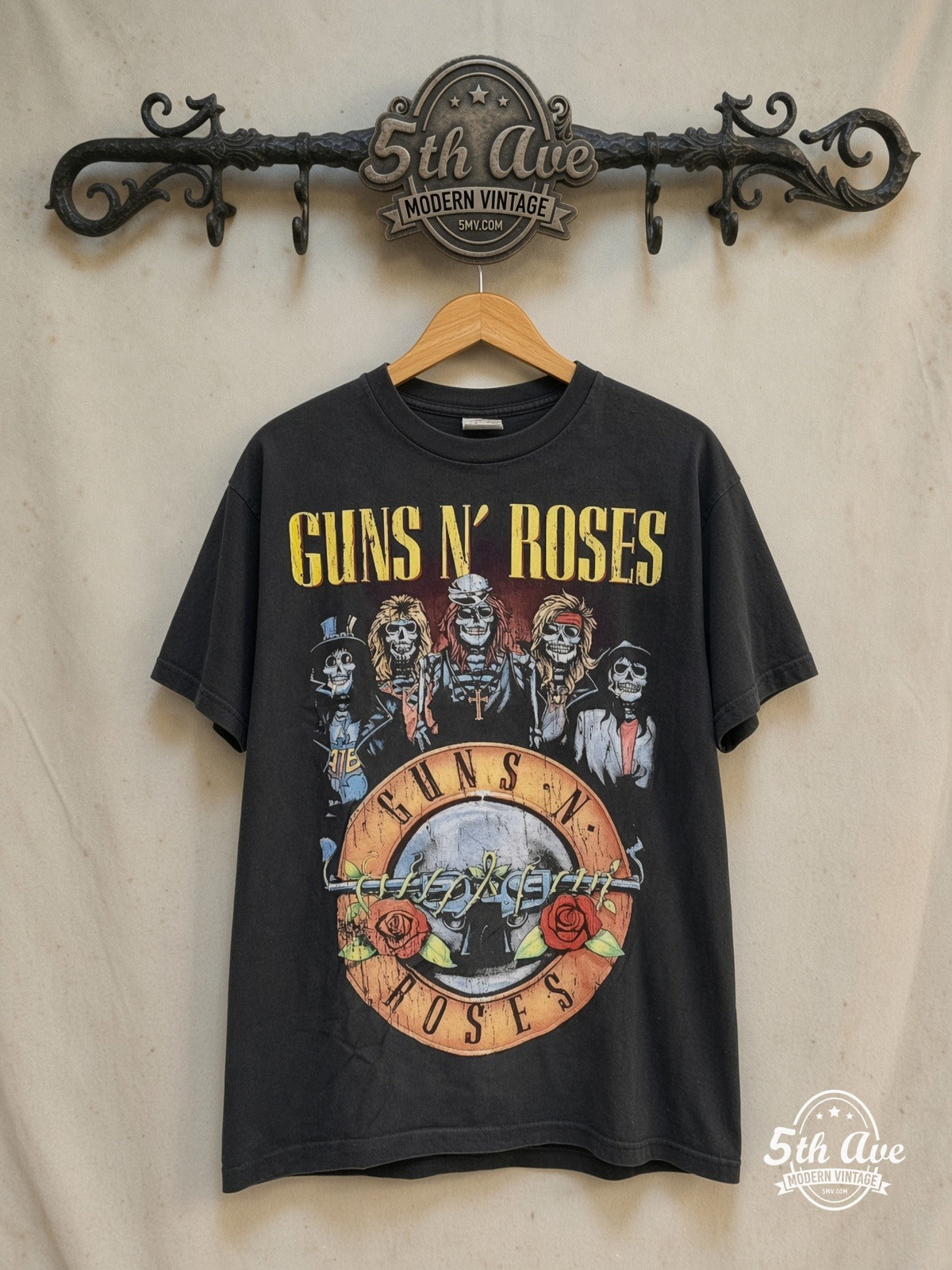 Guns N' Roses – Appetite Skeleton Band Cross – Vintage Band T-Shirt — front on locked cream ornate 5th Ave rack