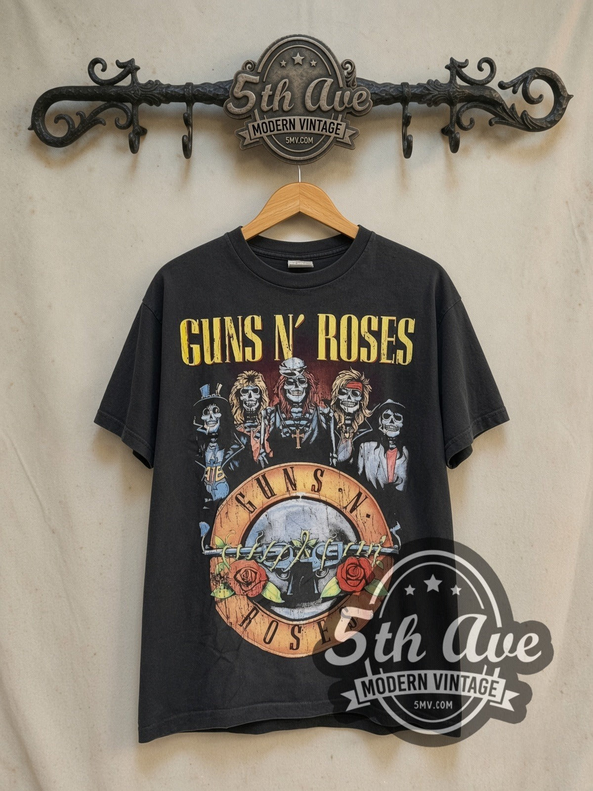 Guns N' Roses Appetite Skeleton Band Cross vintage band t-shirt in black, front view on the 5MV rack