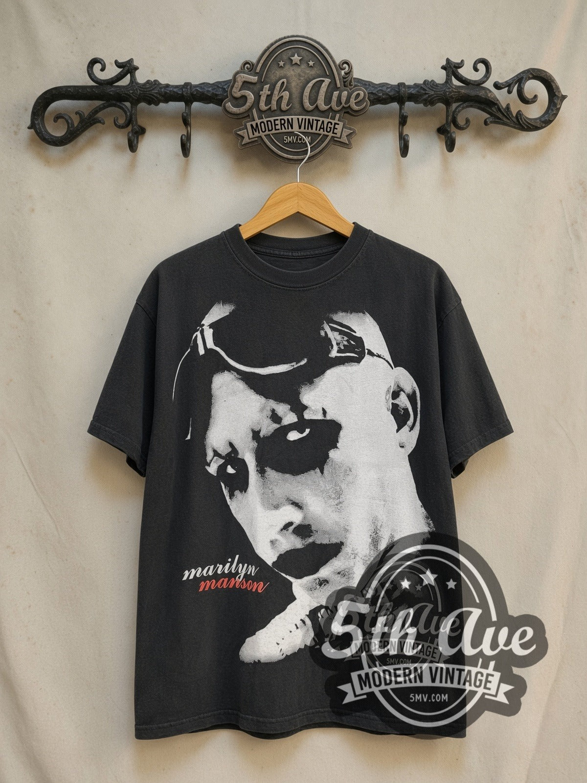 Marilyn Manson The Beautiful People vintage band t-shirt in black, front view on the 5MV rack