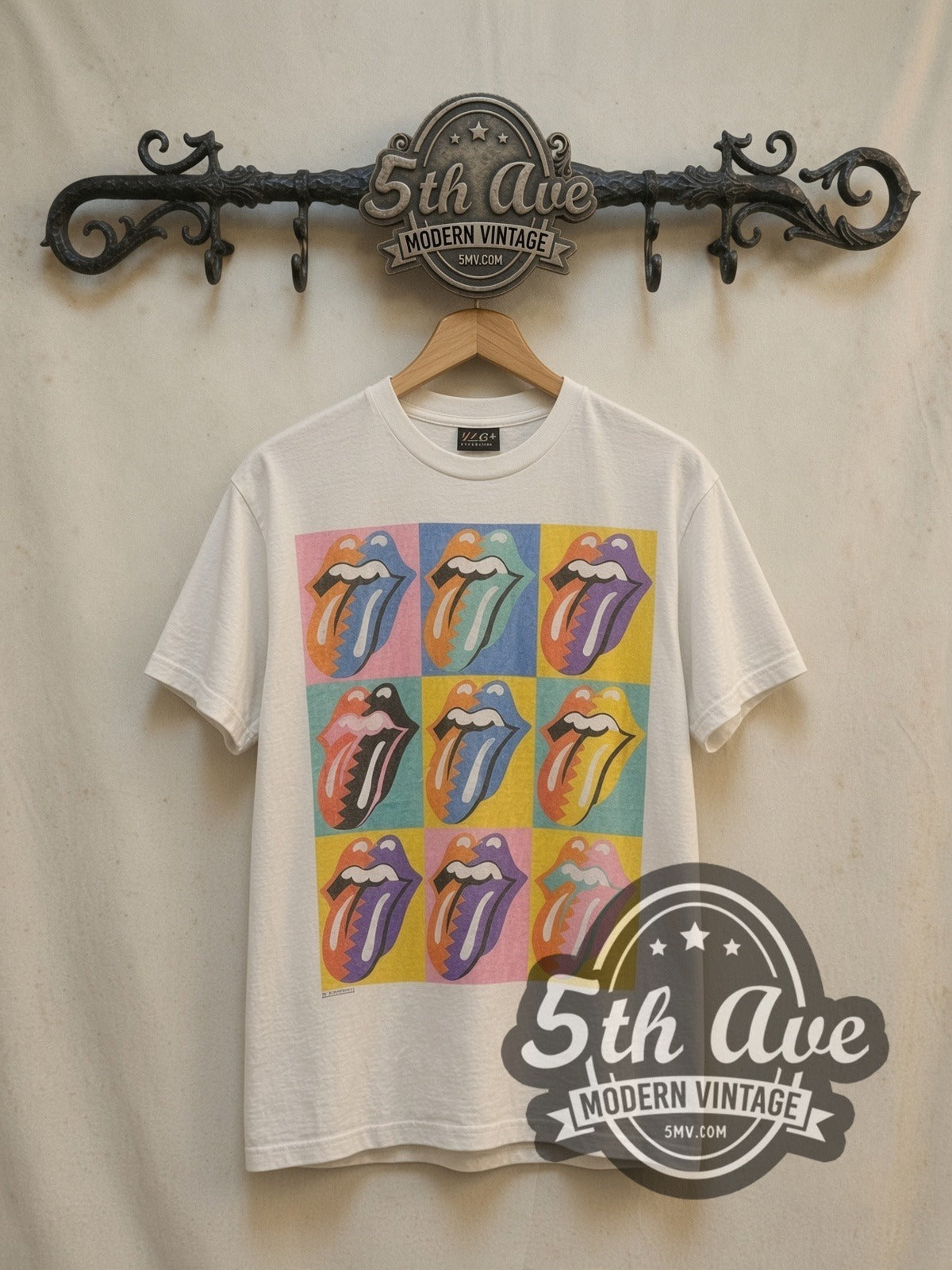 The Rolling Stones Classic vintage band t-shirt, front view on a display rack
