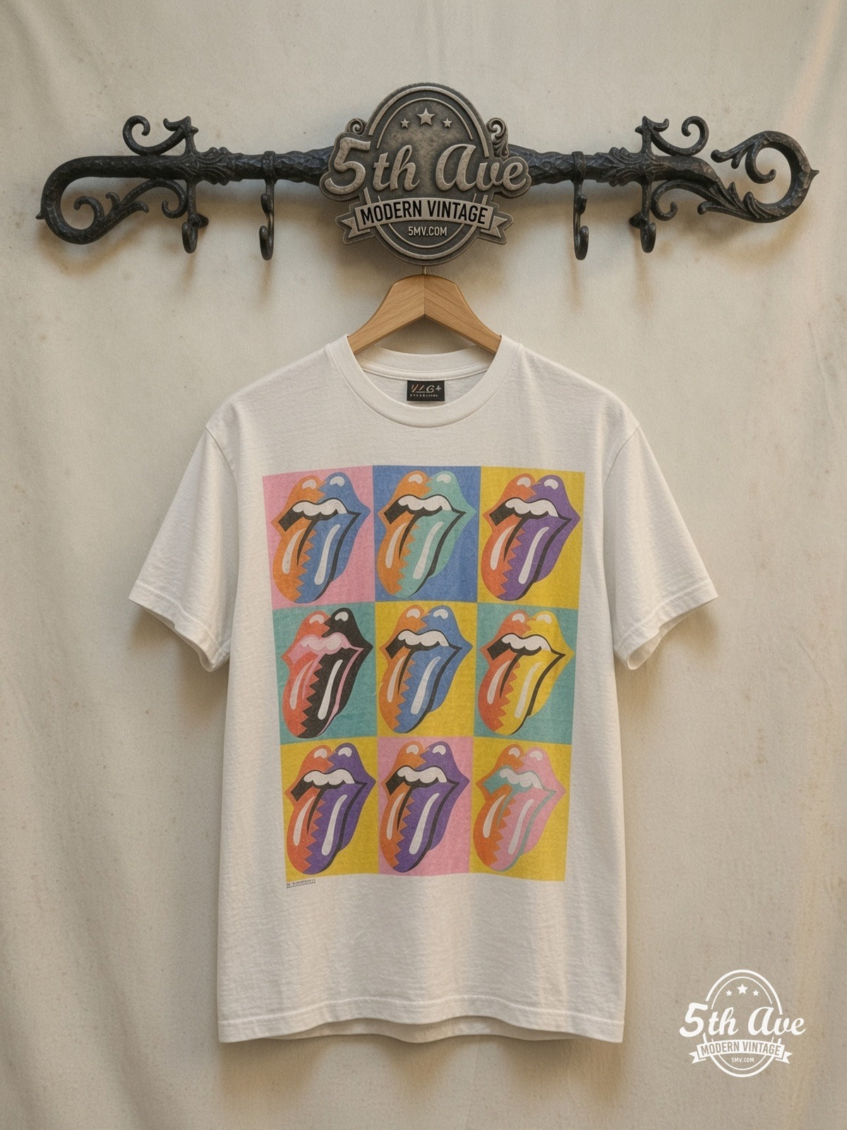Rolling Stones Classic T-Shirt — front on locked cream ornate 5th Ave rack