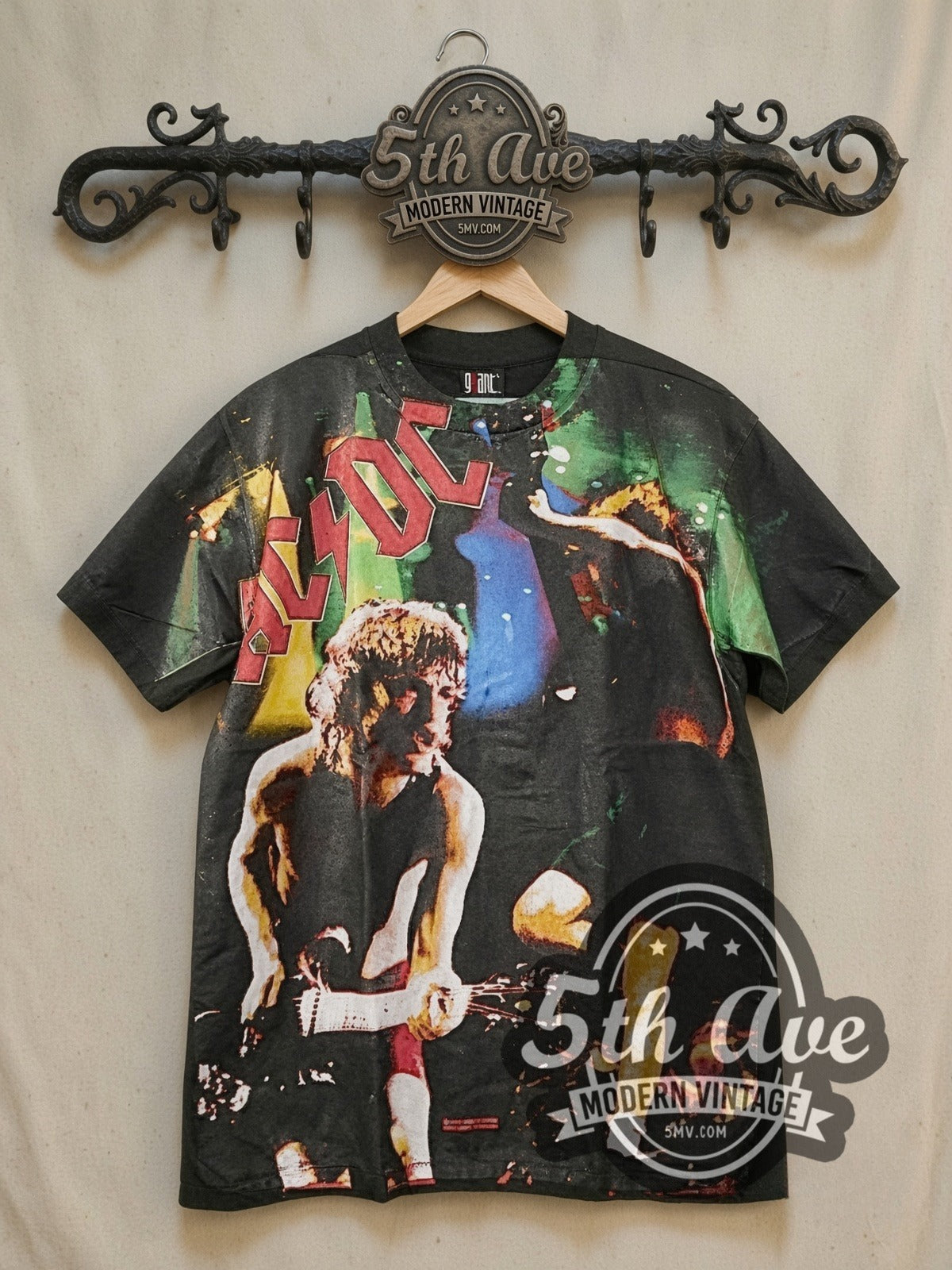 AC/DC Angus Young Shreds all-over-print vintage band t-shirt, front view on the 5MV rack
