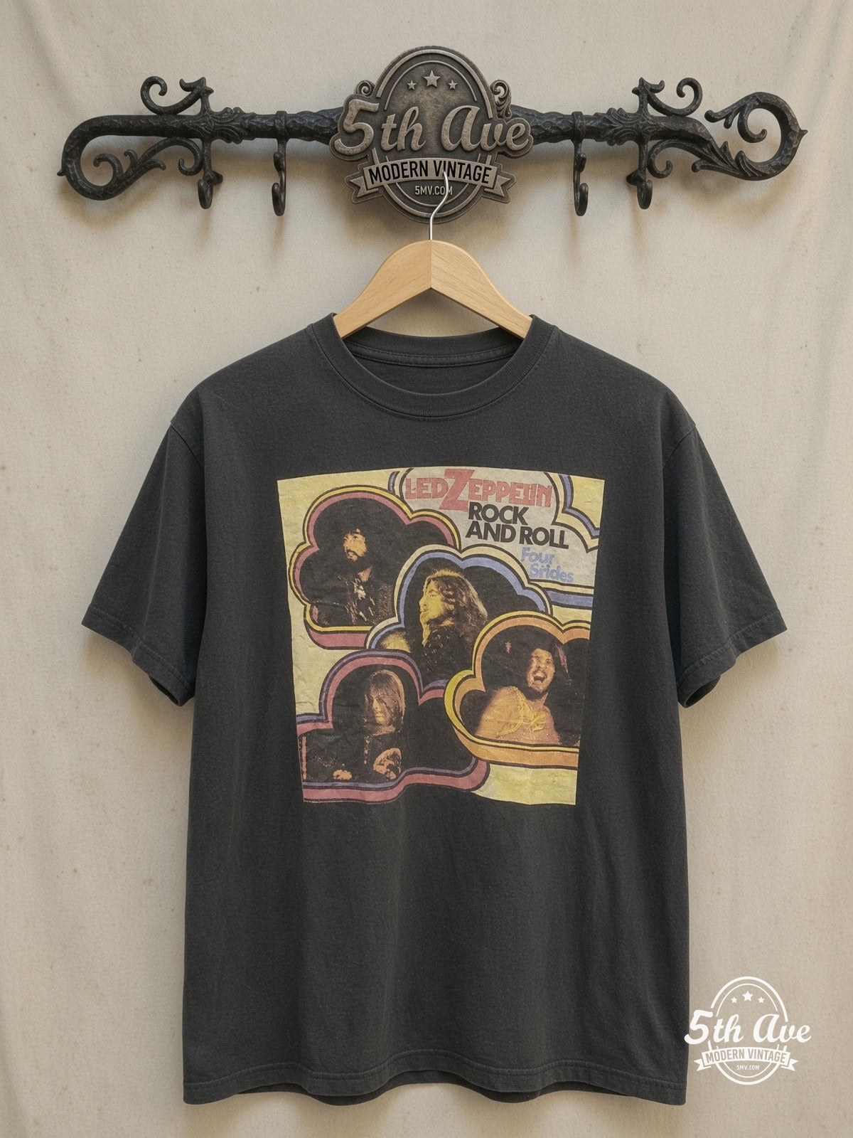 Led Zeppelin – Clouds Portrait -Style – Vintage Band T-Shirt — front on locked cream ornate 5th Ave rack