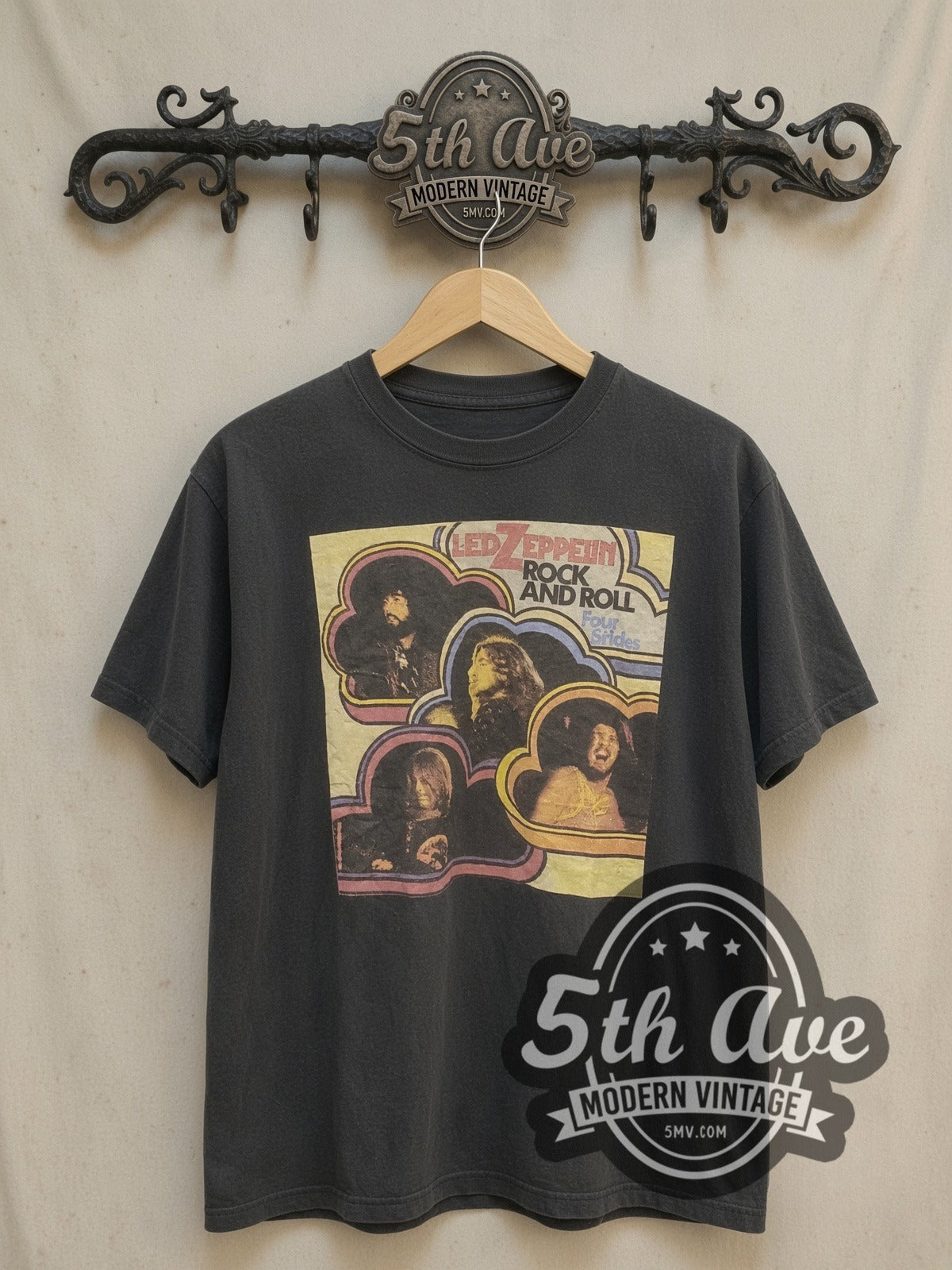 Led Zeppelin Clouds Portrait -Style vintage band t-shirt, front view on a display rack