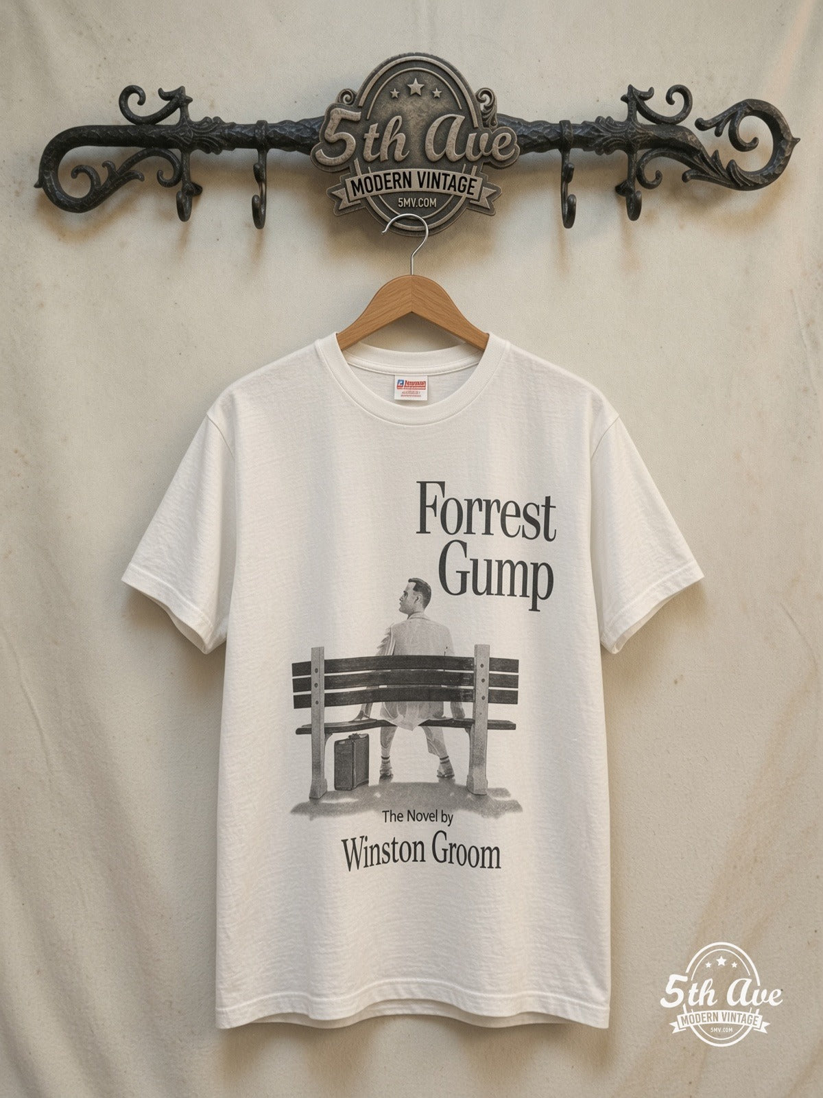 Forrest Gump – Vintage Movie Tee — front on locked cream ornate 5th Ave rack