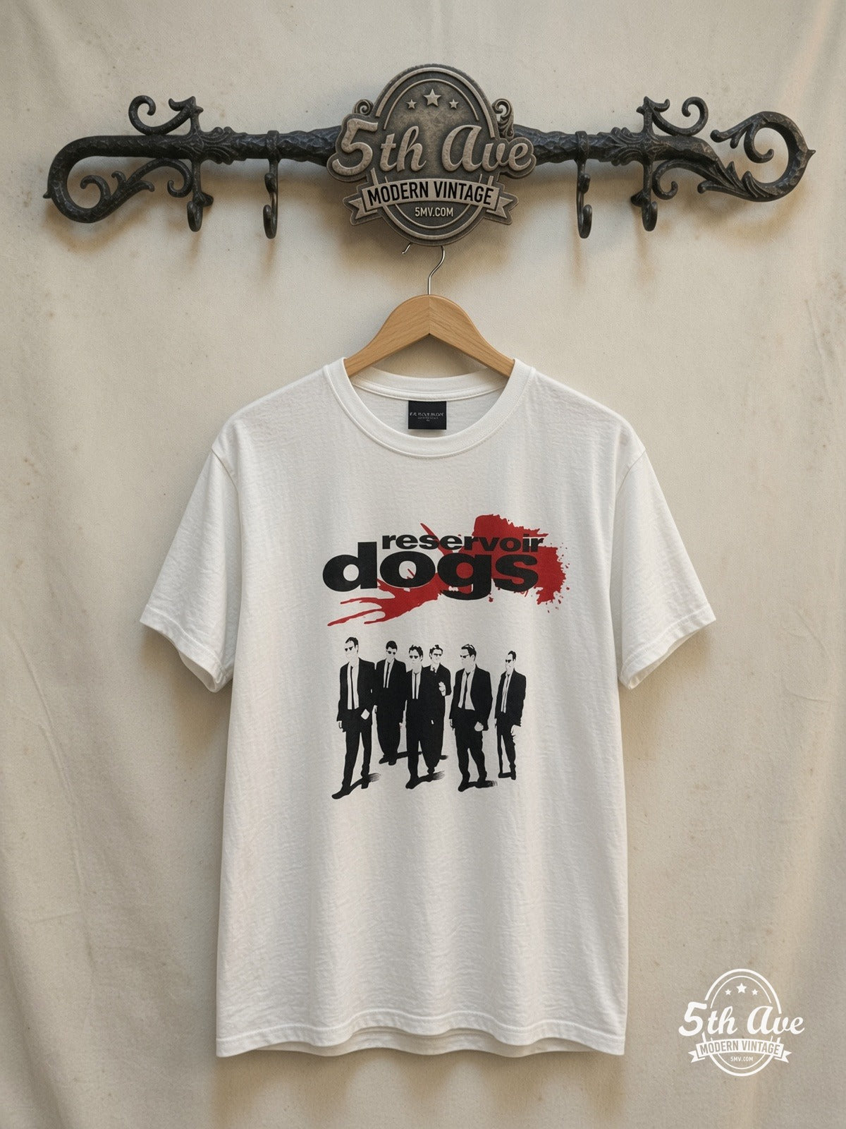 Reservoir Dogs – Men in Suits Red Splatter White Tee – Vintage Movie Tee — front on locked cream ornate 5th Ave rack