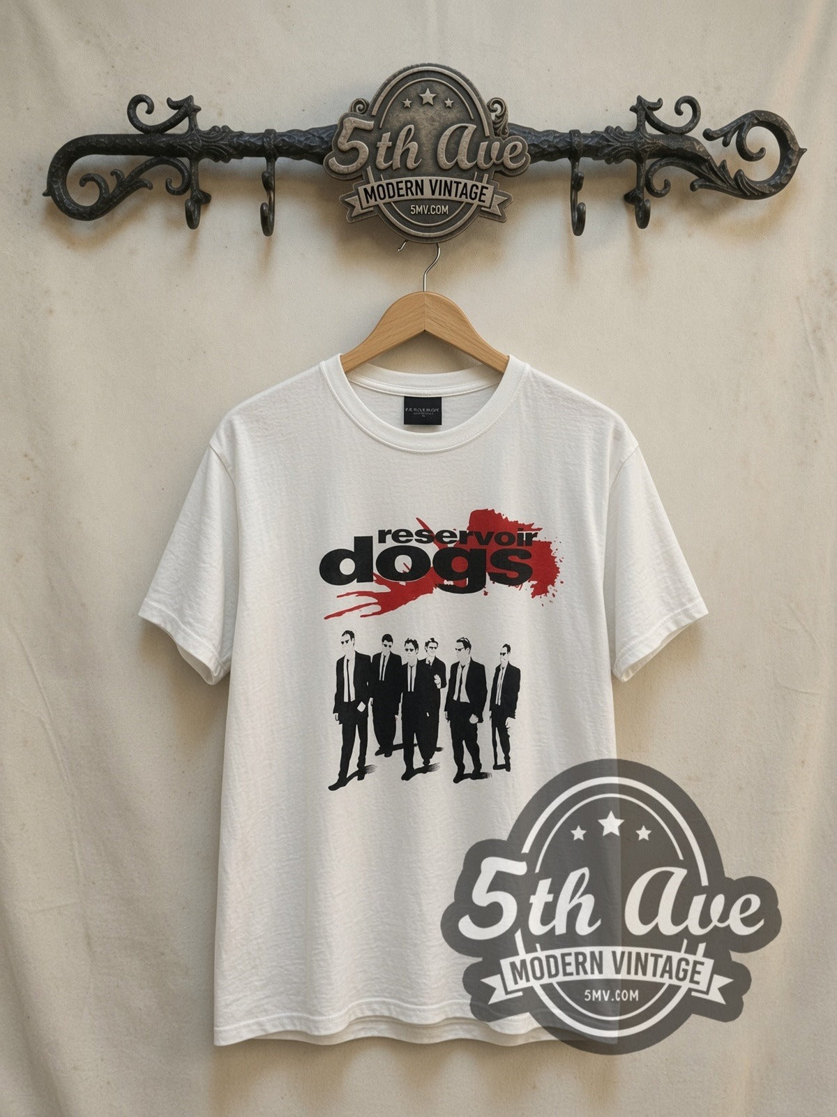 Reservoir Dogs Men in Suits Red Splatter White vintage movie t-shirt, front view on a display rack