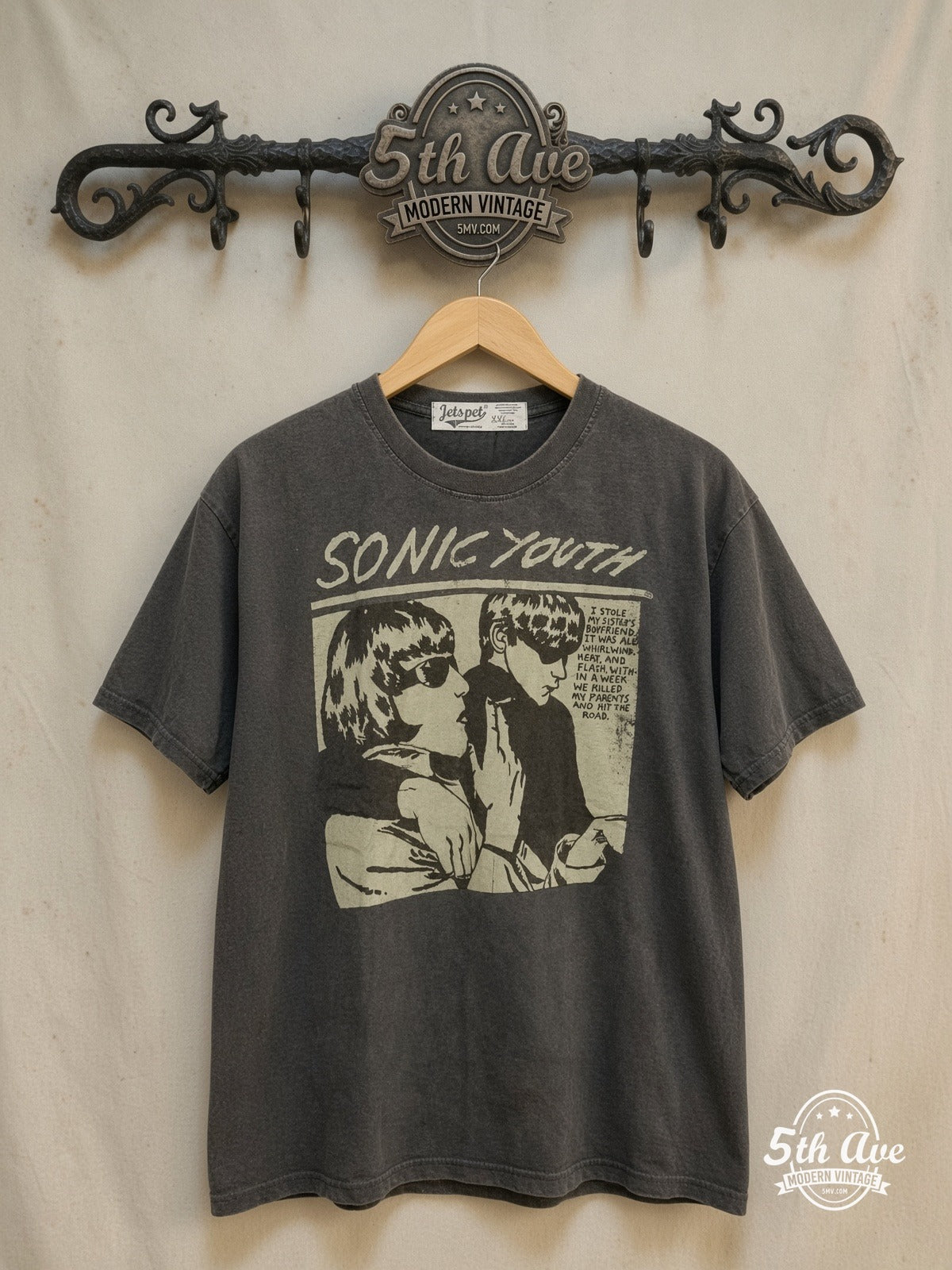 Sonic Youth Goo – Vintage Band T-Shirt — front on locked cream ornate 5th Ave rack