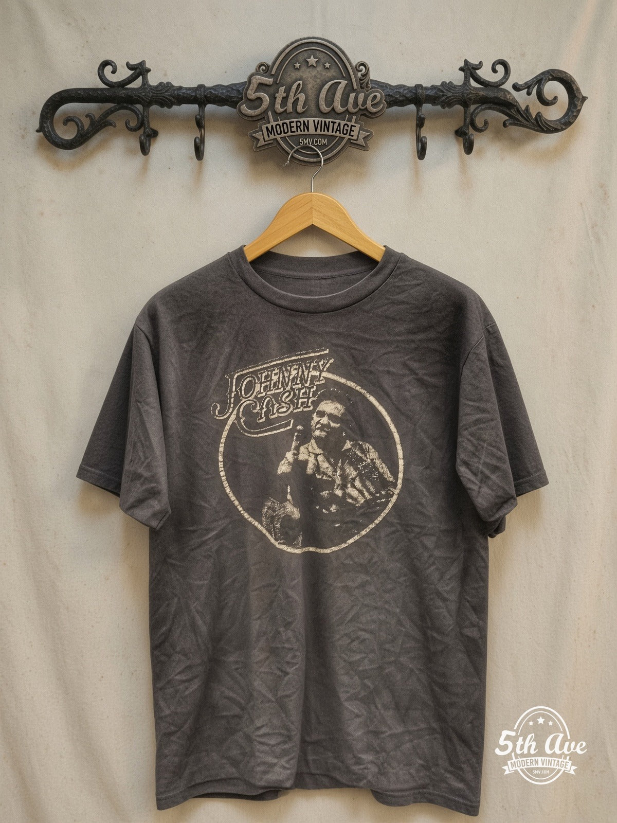 Johnny Cash Single Stitch Crewneck T-Shirt: 100% Cotton Comfort and Un – apologetic Attitude with a 30-Day Satisfaction Guarantee – Vintage Band T-Shirt — front on locked cream ornate 5th Ave rack