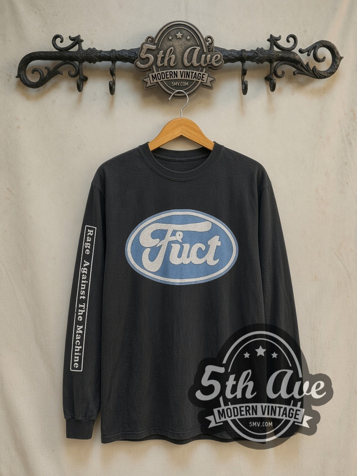 Rage Against the Machine x FUCT Ford Oval vintage band long sleeve t-shirt, front view on a display rack
