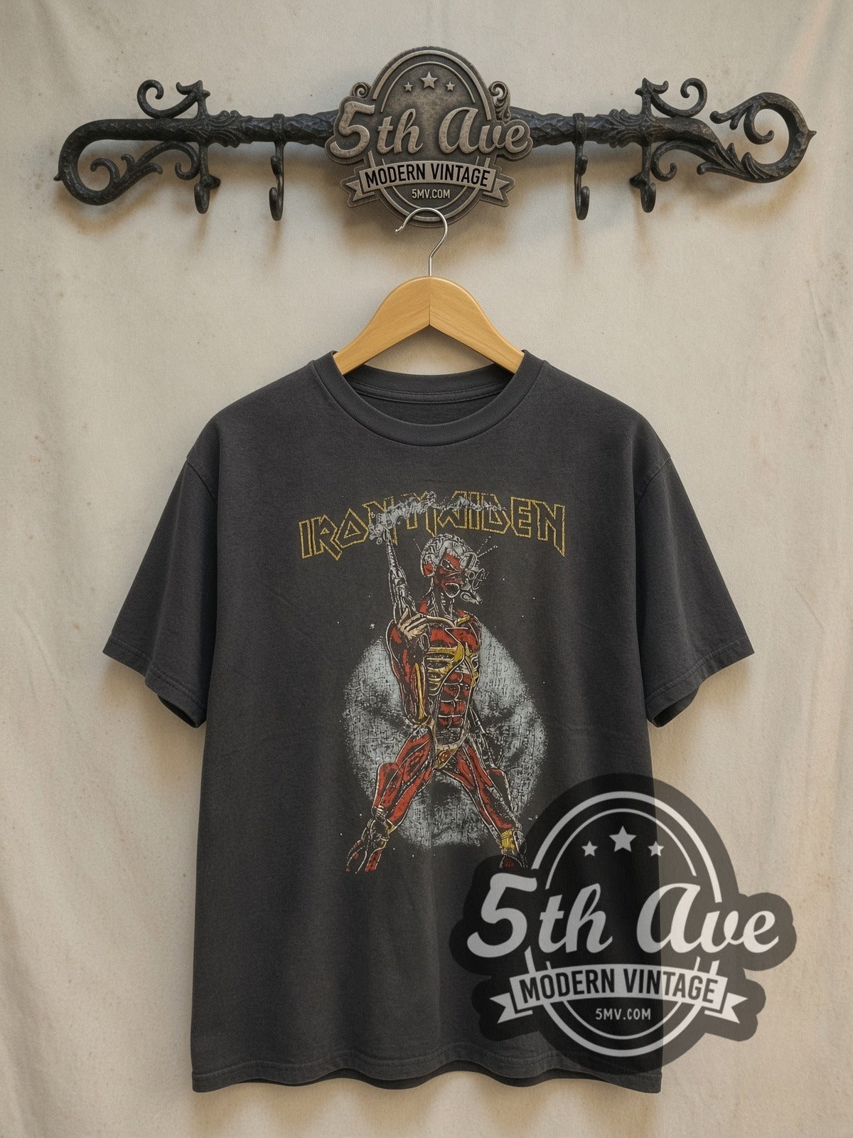Iron Maiden Somewhere in Time Cyborg Eddie vintage band t-shirt, front view on a display rack