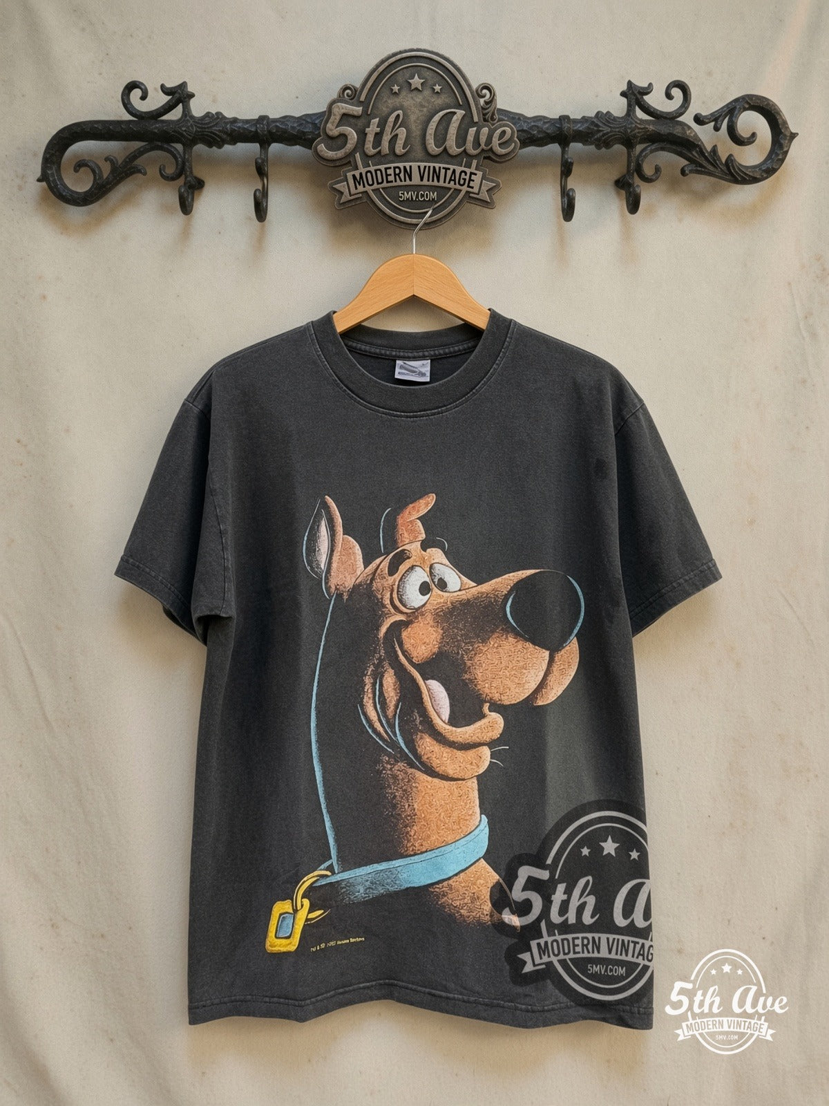 Scooby-Doo – Where Are You? Ruh-Roh! – New Vintage Graphic Tee — front on locked cream ornate 5th Ave rack