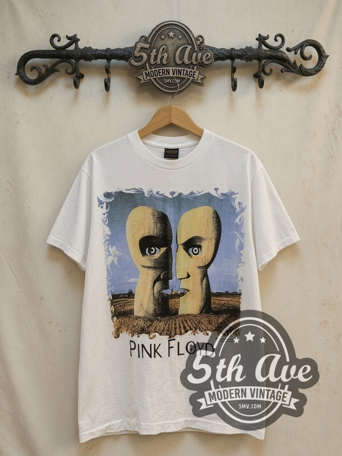Pink Floyd 1994 North America Tour vintage band t-shirt in white, front view on a display rack