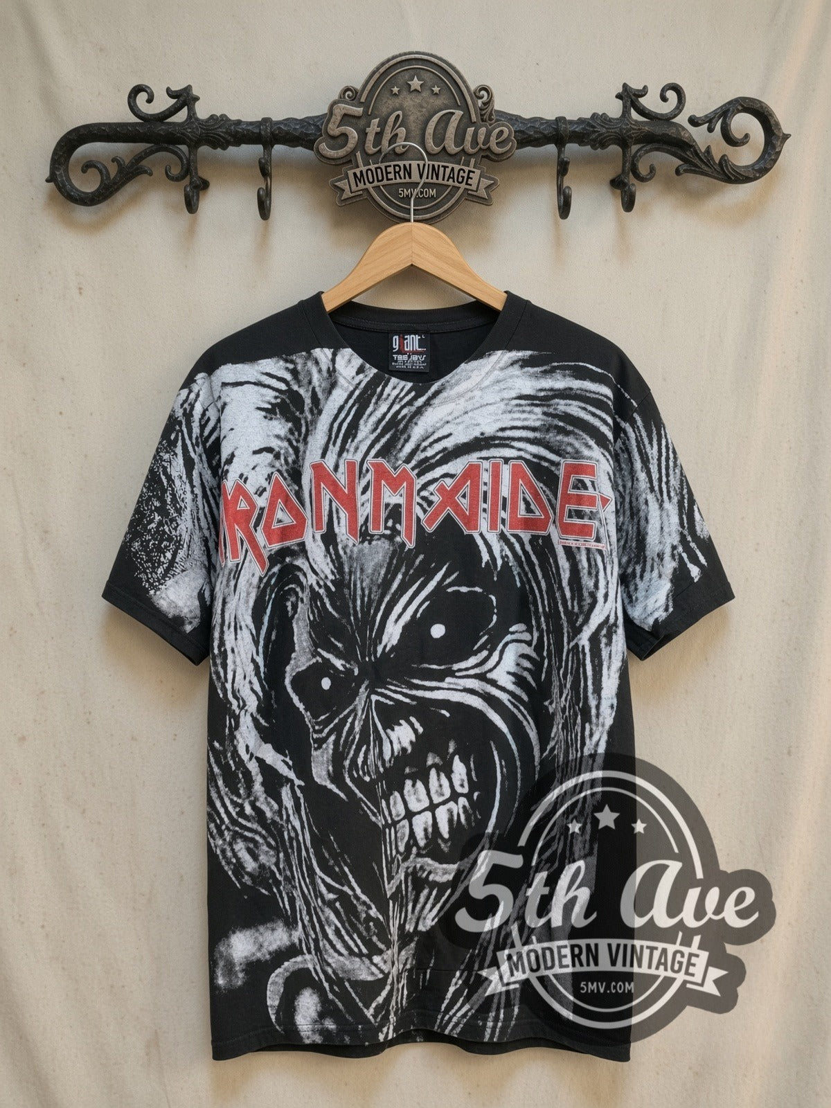 Iron Maiden Killers Oversized Debut Eddie Face all-over-print vintage band t-shirt, front view on the 5MV rack