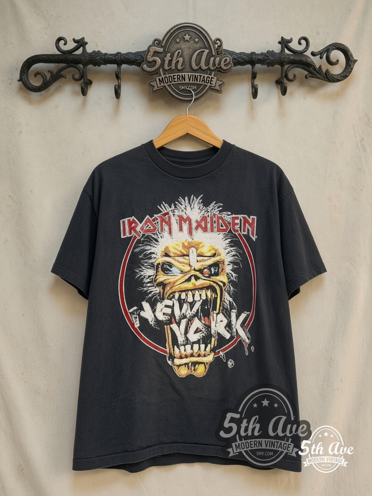 Iron Maiden – Seventh Tour of a Seventh Tour' 1988 – Vintage Band T-Shirt — front on locked cream ornate 5th Ave rack