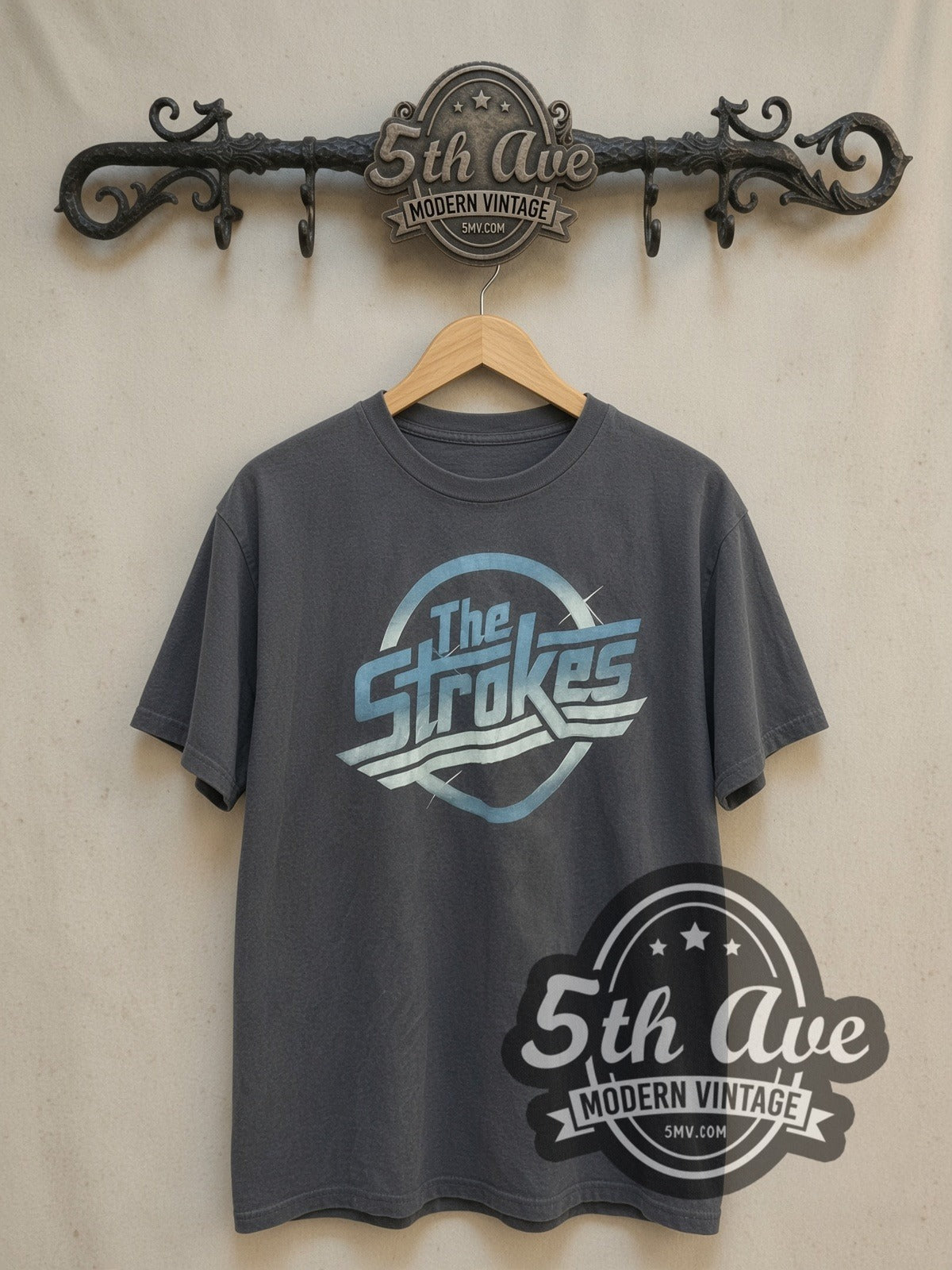 The Strokes vintage band t-shirt, front view on a display rack