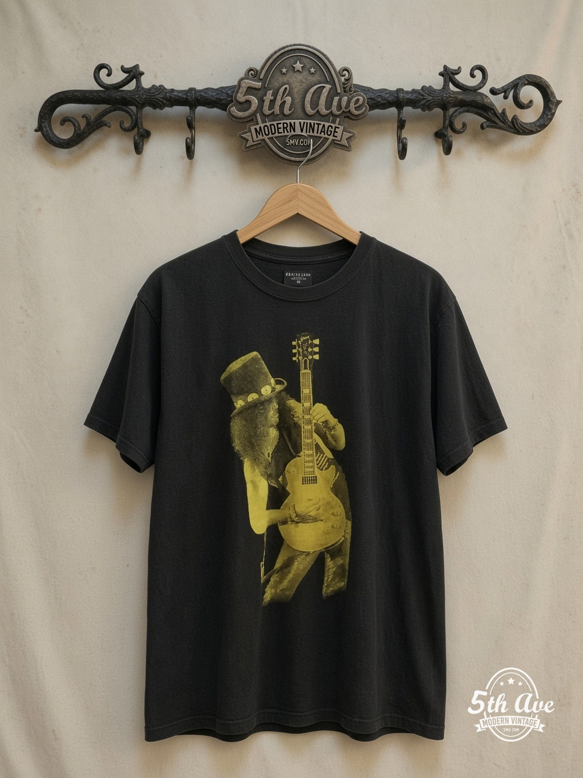 Guns N' Roses – Slash – Vintage Band T-Shirt — front on locked cream ornate 5th Ave rack