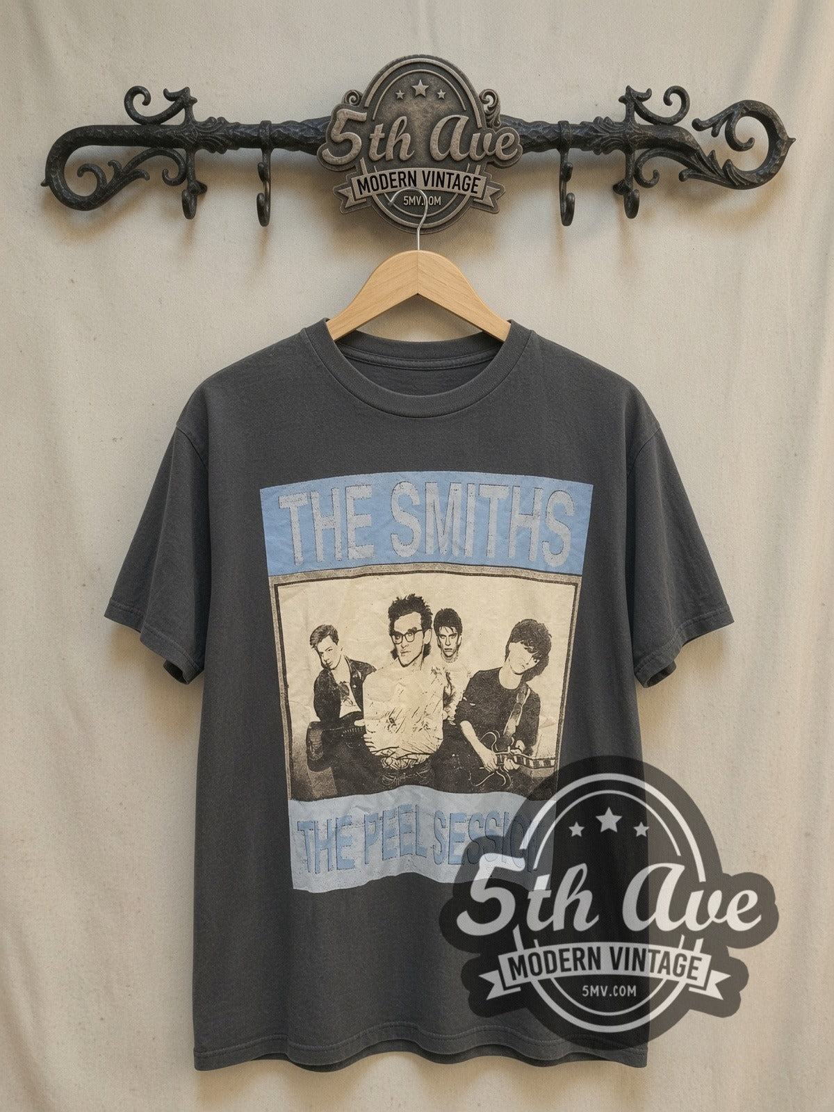 The Smiths The Peel Sessions Band Photo vintage band t-shirt, front view on a display rack
