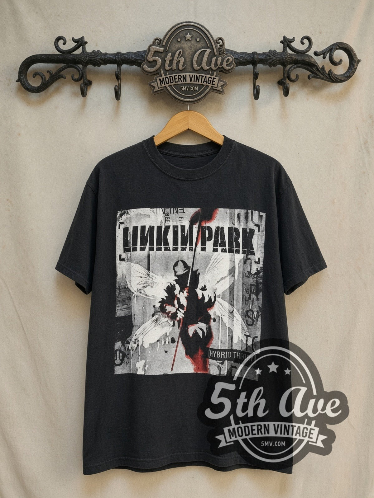 Linkin Park Hybrid Theory Soldier White Fly Back vintage band t-shirt in black, front view on a display rack