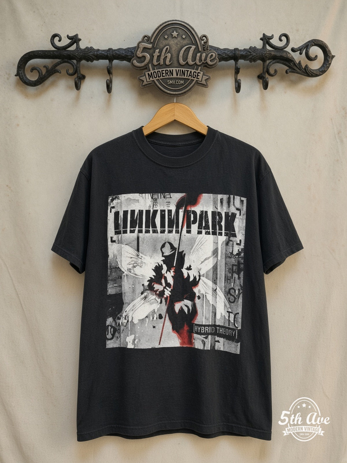 Linkin Park – Hybrid Theory Soldier White Fly Back – Vintage Band T-Shirt — front on locked cream ornate 5th Ave rack