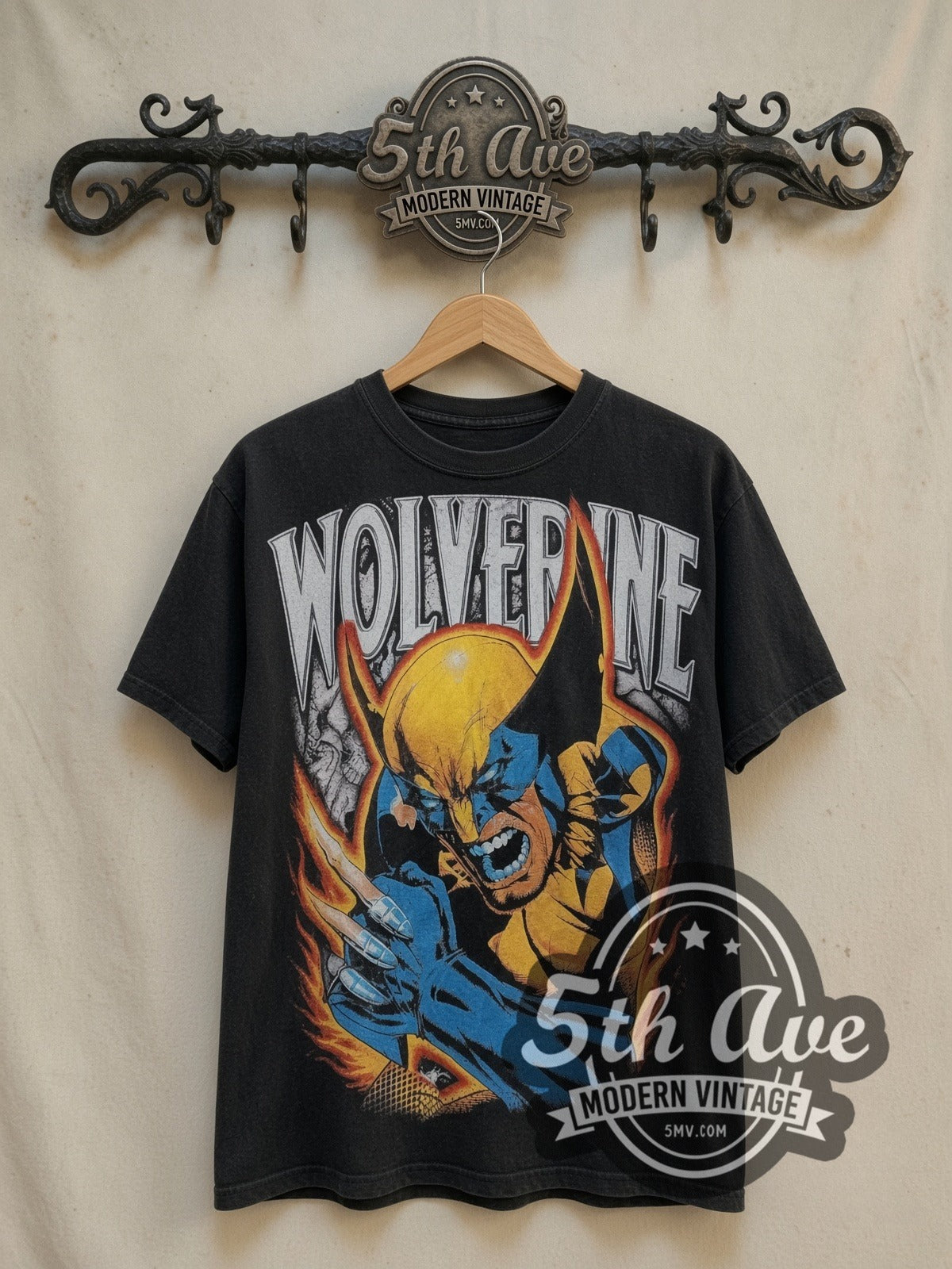 Wolverine Overprint vintage movie t-shirt, front view on a display rack