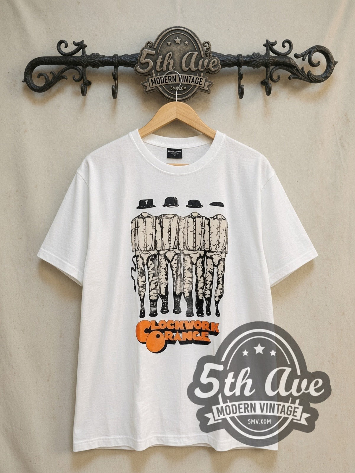 A Clockwork Orange Droogs Lineup vintage movie t-shirt in white, front view on the 5MV rack