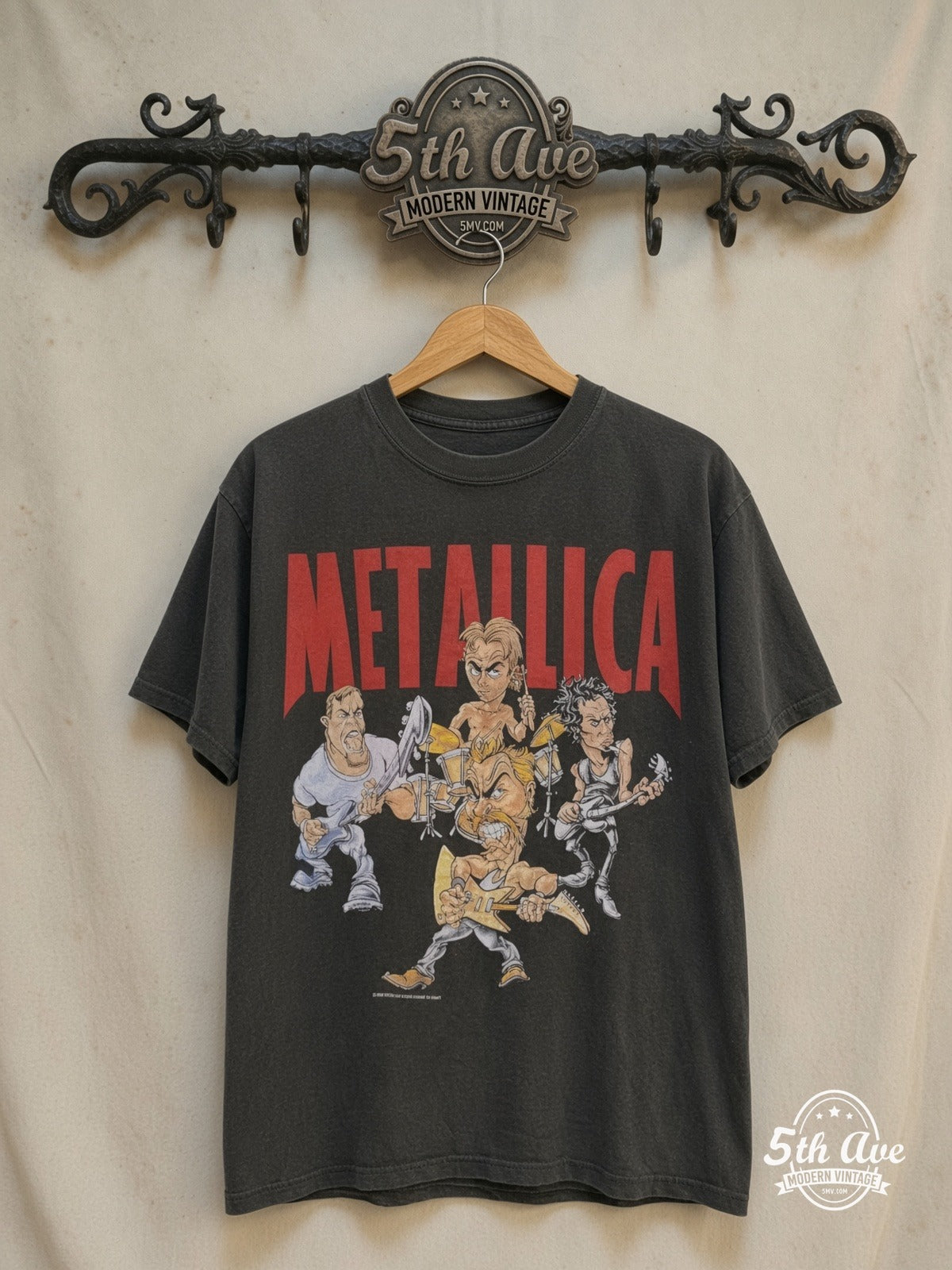 Metallica – Cartoon Graphic – Vintage Band T-Shirt — front on locked cream ornate 5th Ave rack