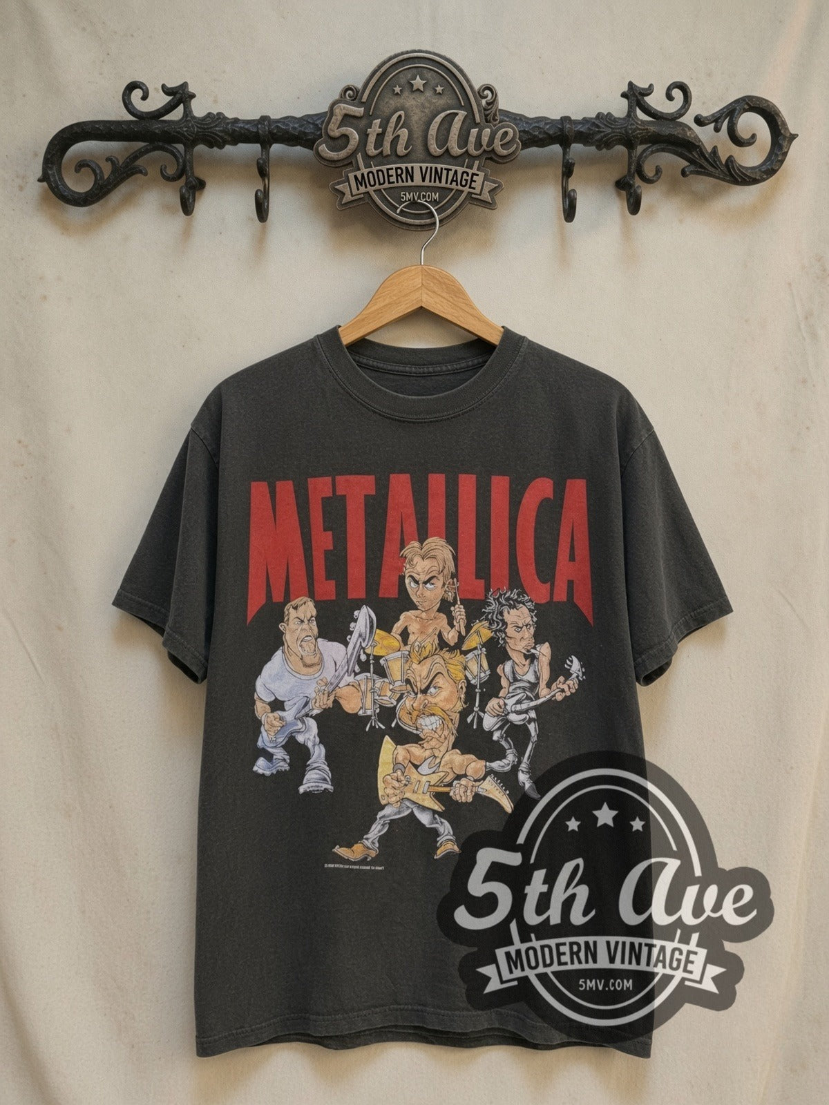 Metallica Cartoon Graphic vintage band t-shirt, front view on a display rack