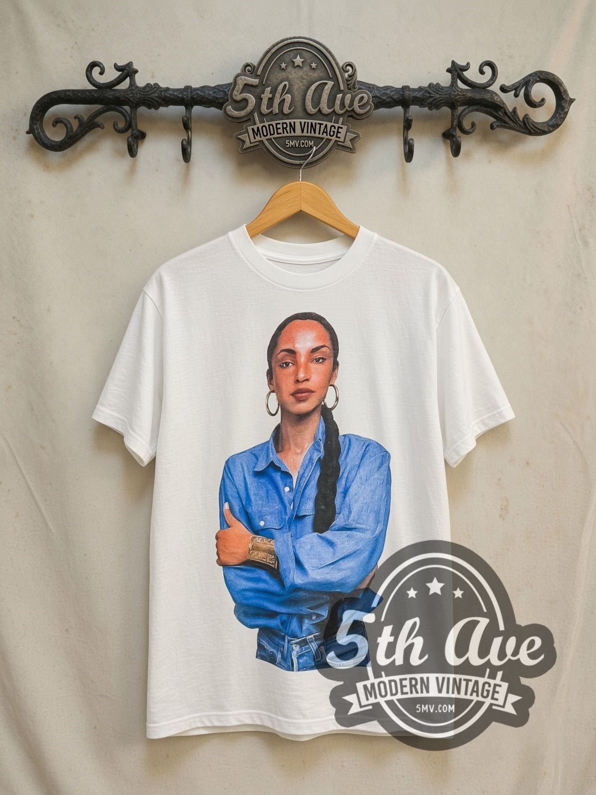 Sade Queen of Cool Crossed Arms Denim vintage band t-shirt in white, front view on the 5MV rack