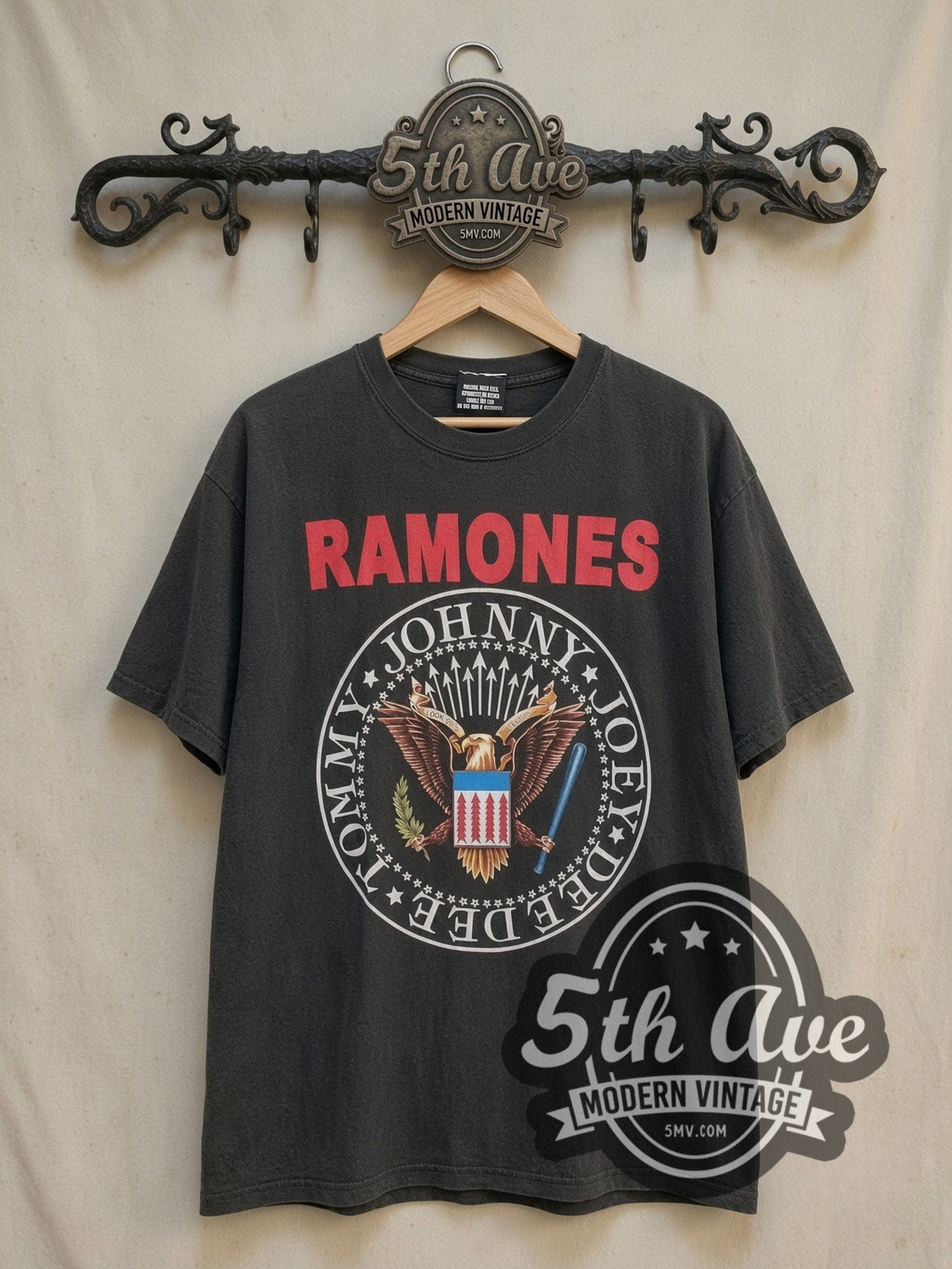 Ramones Presidential Seal Hey Ho Let's Go vintage band t-shirt, front view on the 5MV rack
