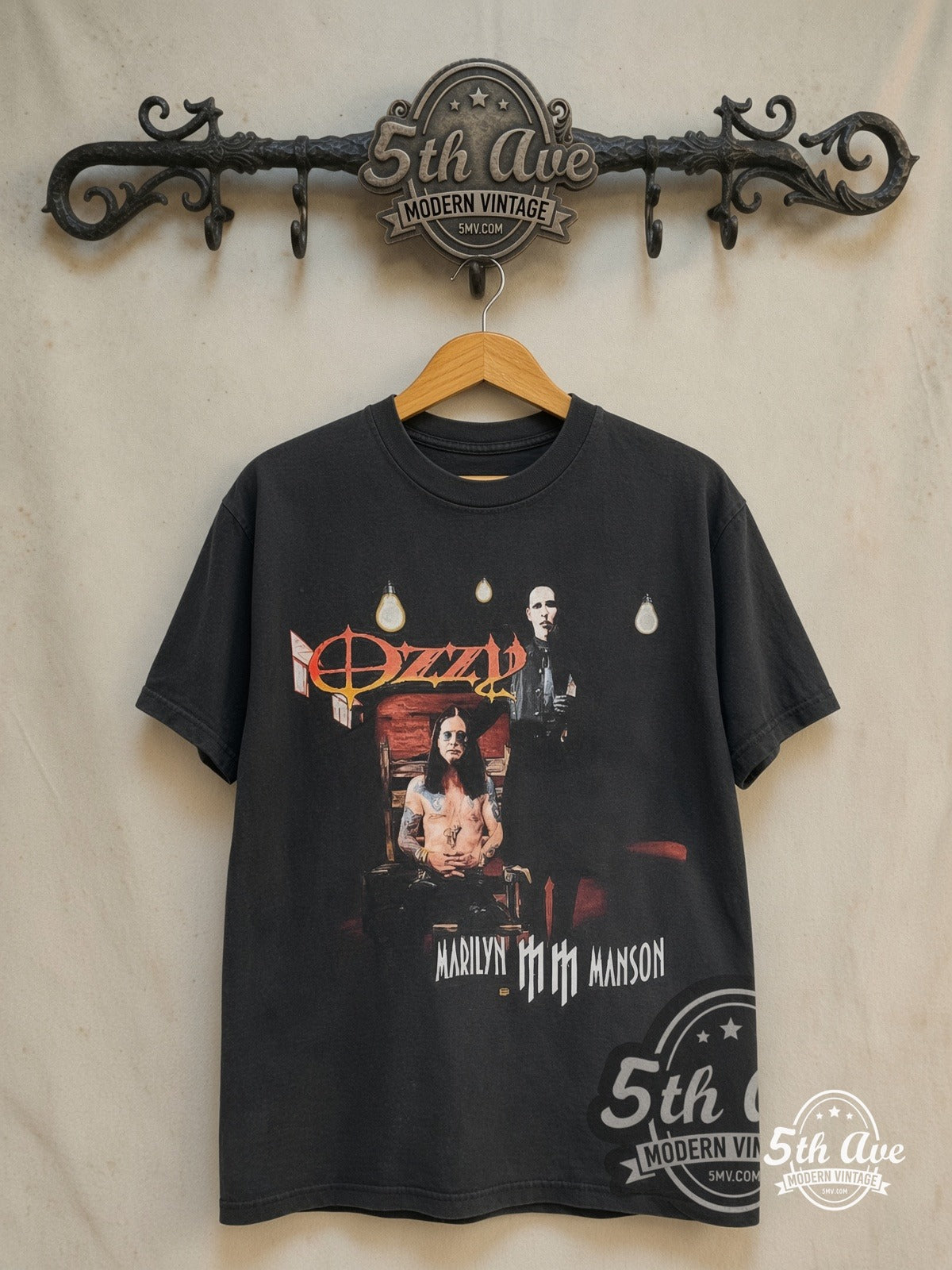 Ozzy Osbourne – Ozzfest 2003 with Marilyn Manson – Vintage Band T-Shirt — front on locked cream ornate 5th Ave rack