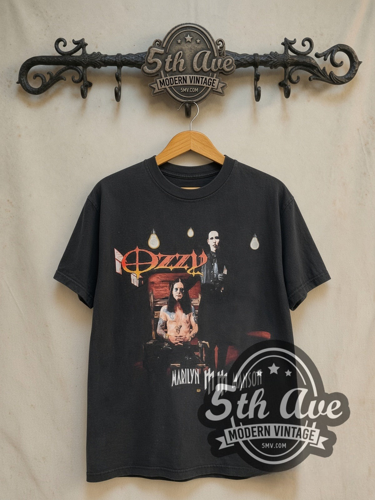 Ozzy Osbourne Ozzfest 2003 with Marilyn Manson vintage band t-shirt in black, front view on a display rack