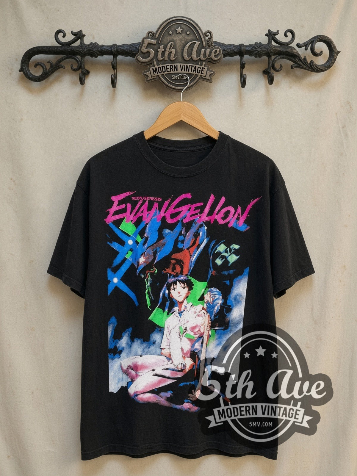 Neon Genesis Evangelion vintage graphic t-shirt, front view on a display rack