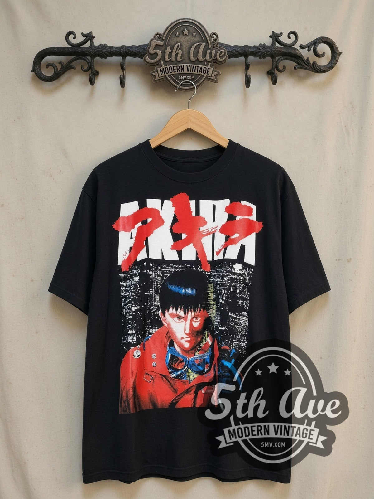 Akira Kaneda Neo-Tokyo Logo vintage graphic t-shirt, front view on a display rack