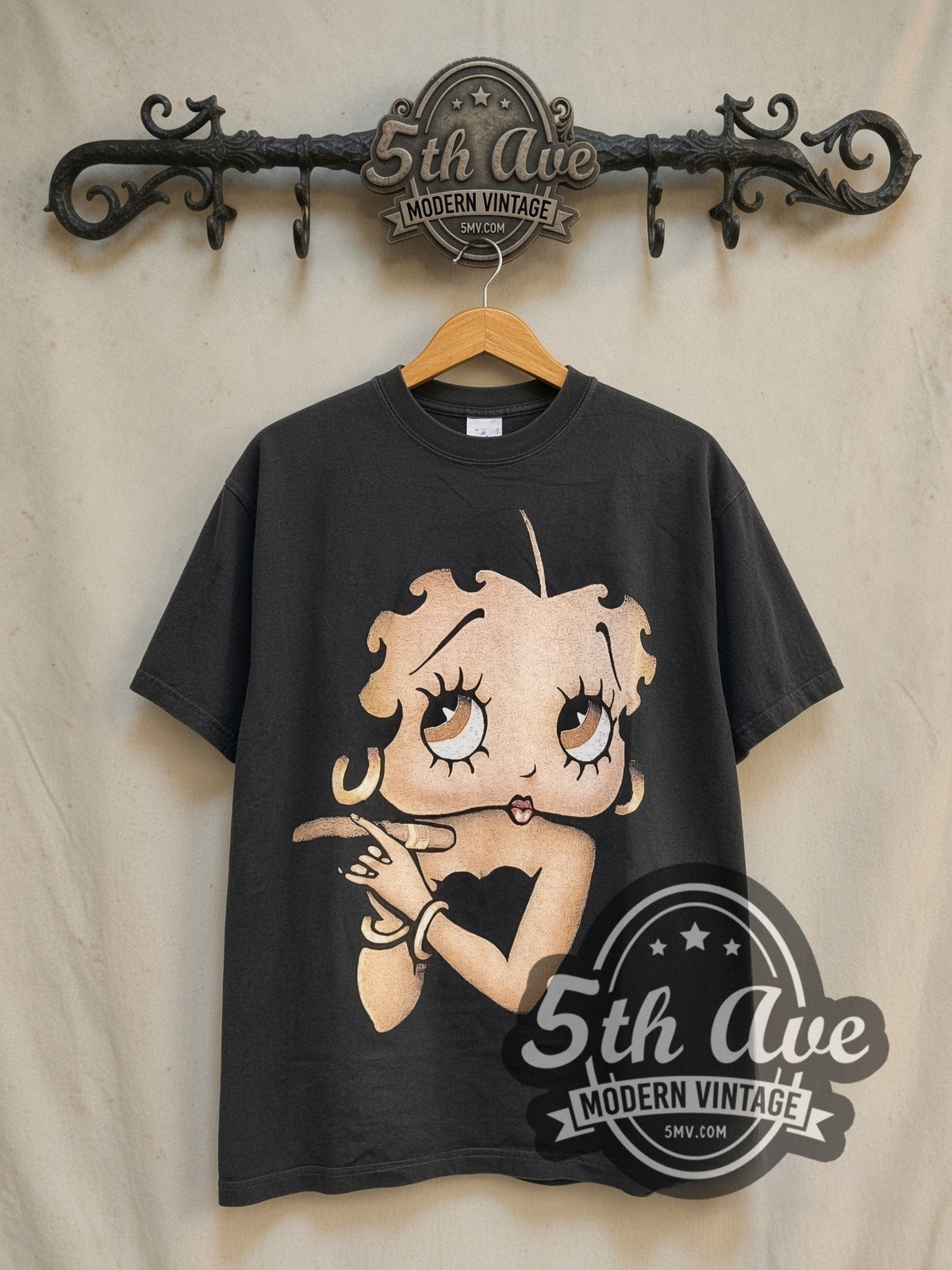 Betty Boop Hollyboop vintage cartoon tee in black, front view on a display rack