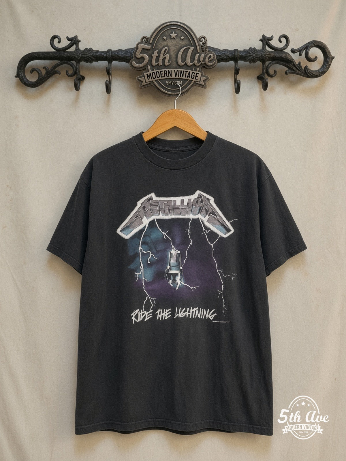 Metallica – Ride the Lightning – Vintage Band T-Shirt — front on locked cream ornate 5th Ave rack